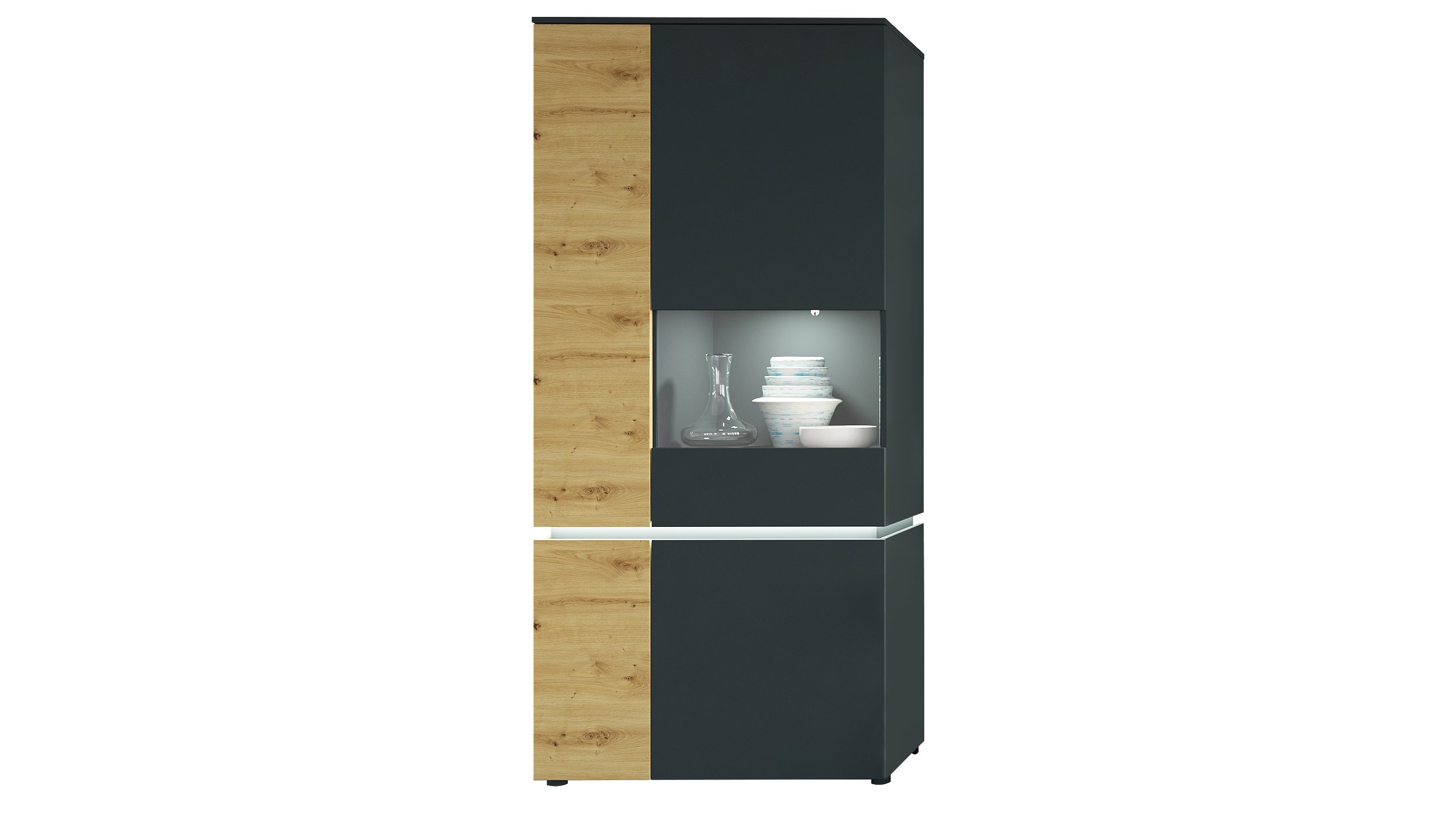 Vitrine mit Beleuchtung Artisan Eiche - grau B 90 x H 199 cm - LUCI Vitrine Artisan Eiche - grau 199 cm mit Beleuchtung - LUCI