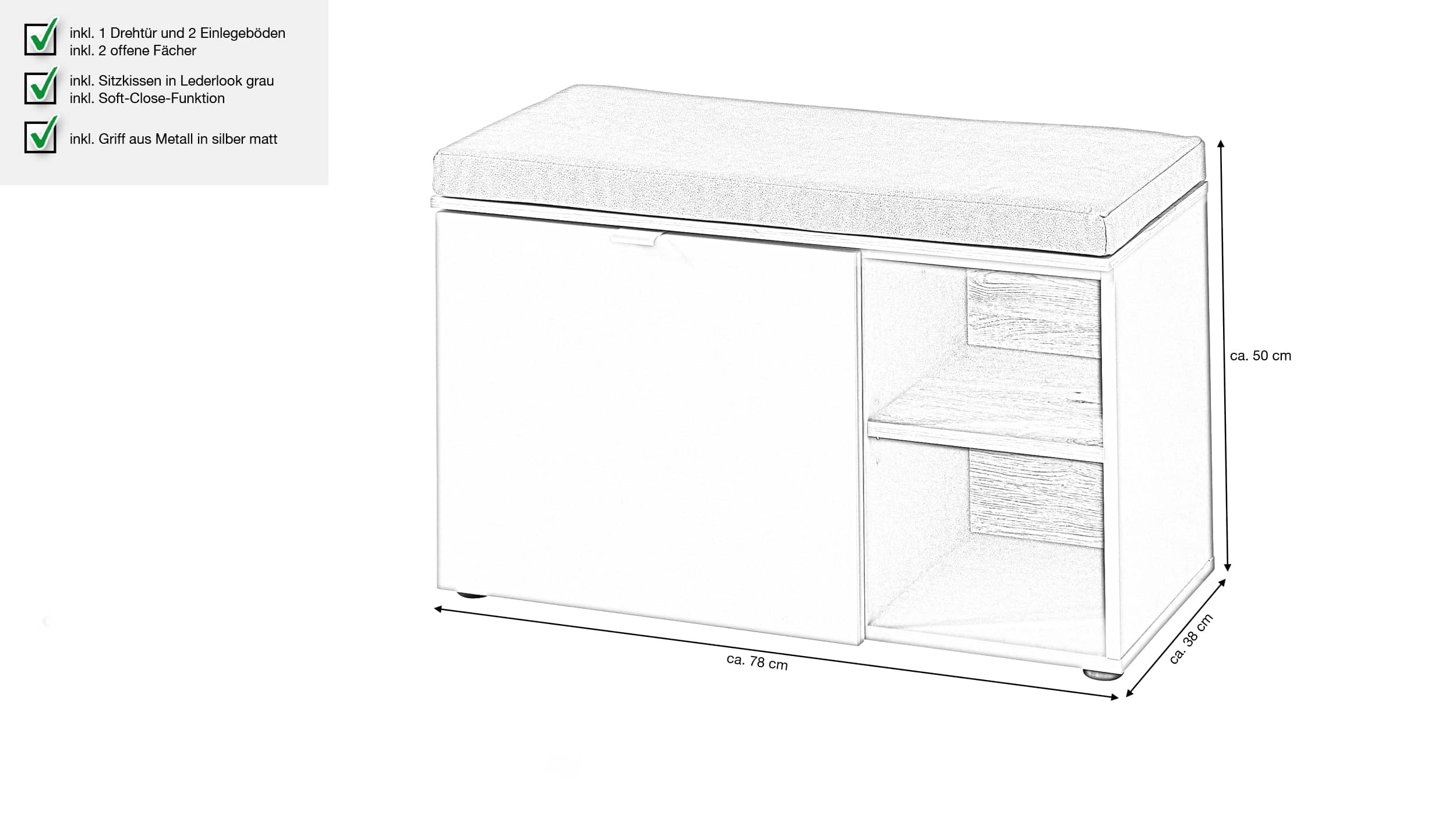 Garderobenbank grün - Artisan Eiche 78 cm - BARI