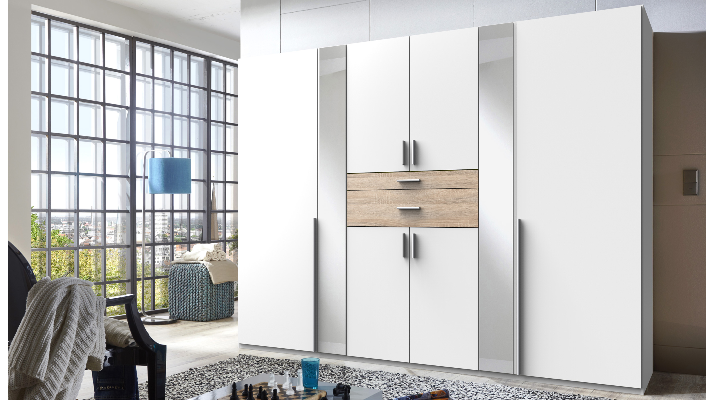 Kleiderschrank - Spiegel 270 cm weiß - Eiche 8-türig - CHEEP