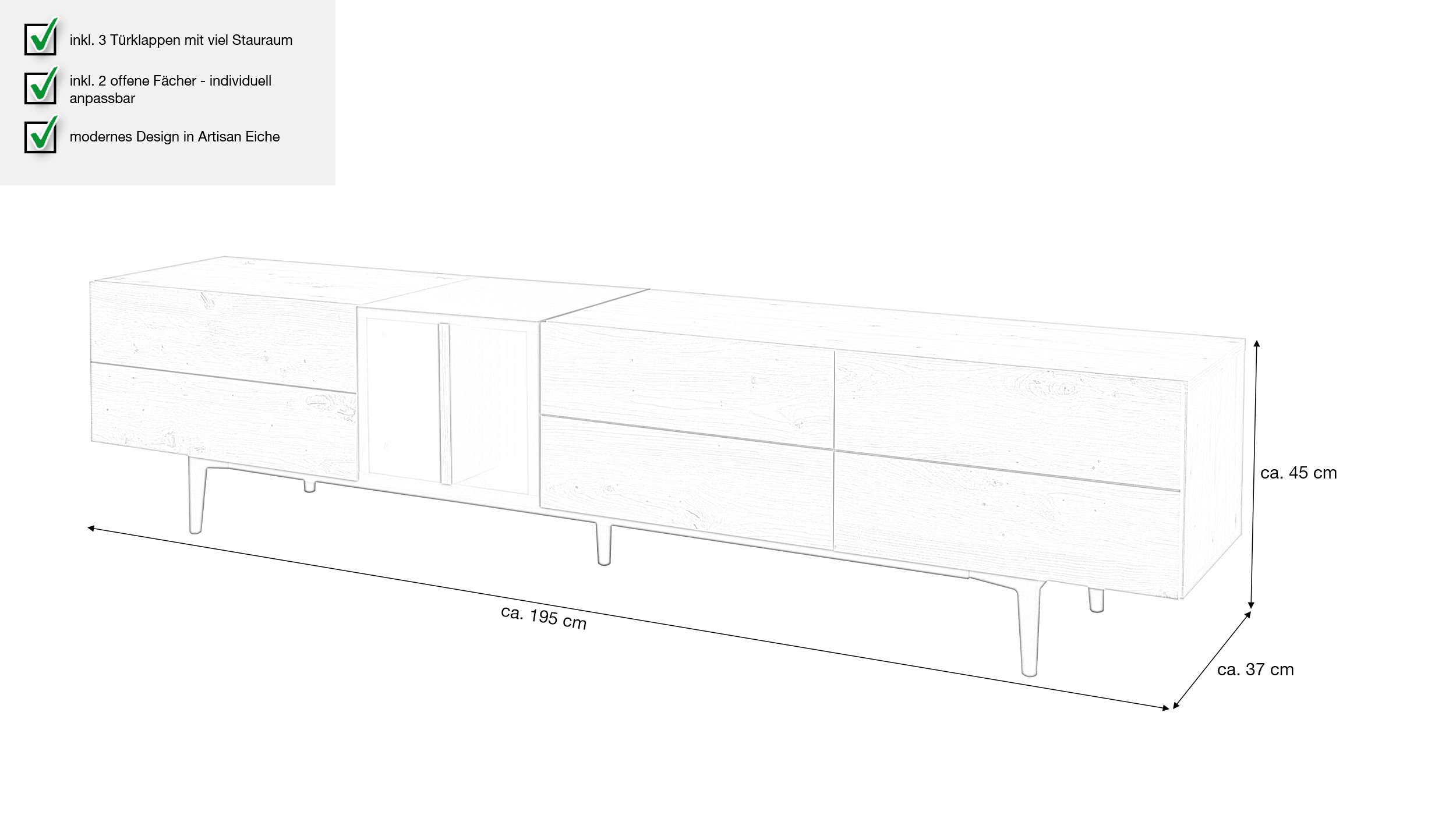 TV - Lowboard Artisan Eiche - schwarz 195 cm - NOLA