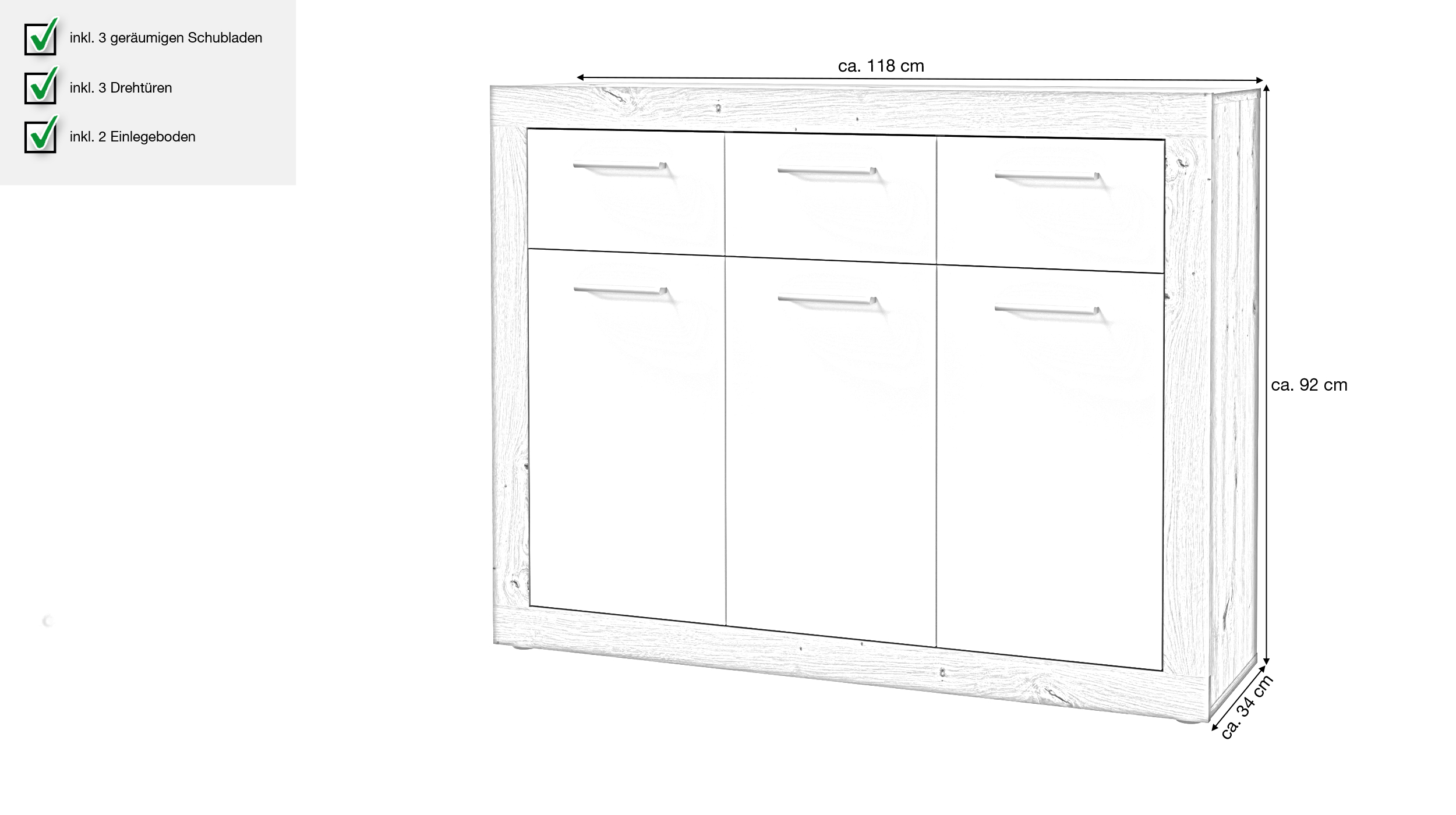 Kommode Artisan Eiche - weiß 118 x 92 cm 3-türig - BACCIO