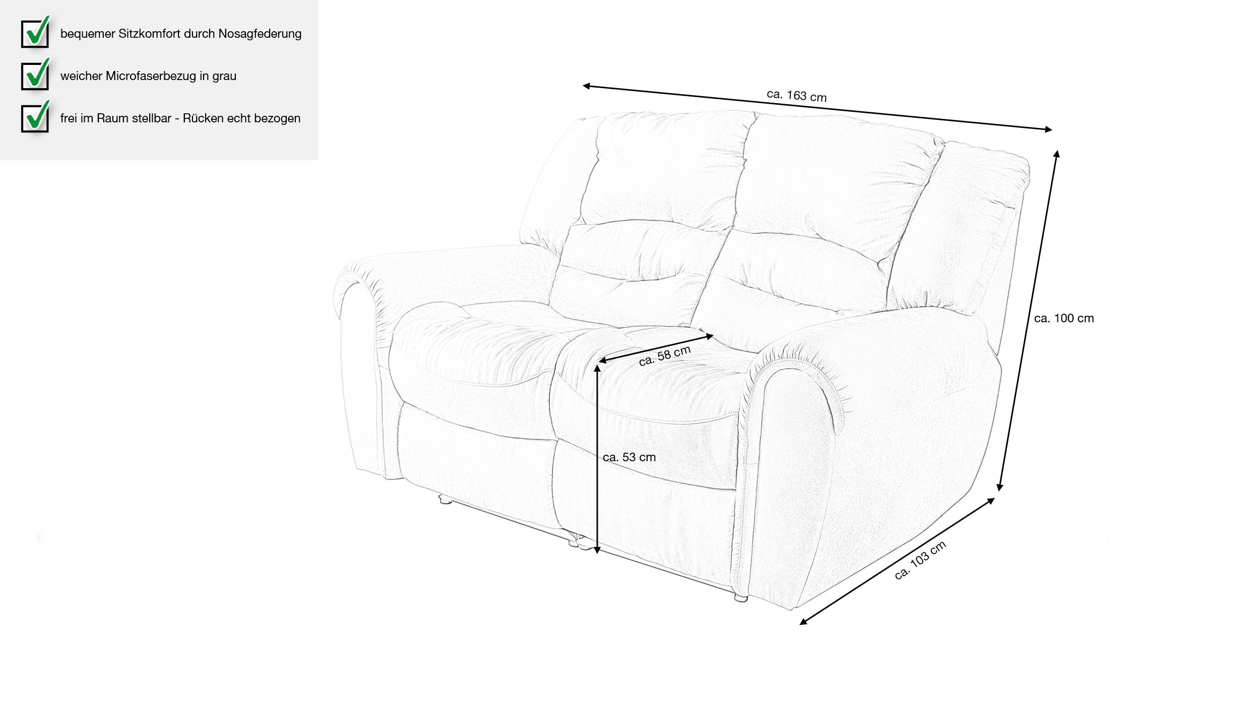 Einzelsofa 2-Sitzer grau 163 cm - Nosagunterfederung - PABLO