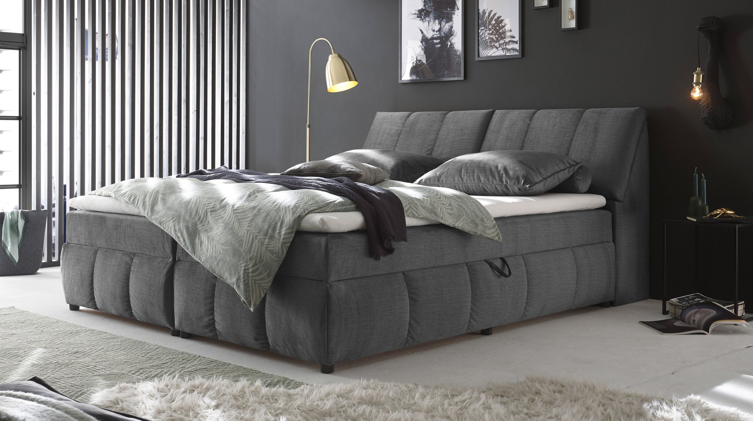 Boxbett 160 x 200 cm grau Stoffbezug Bettkasten - MADRID