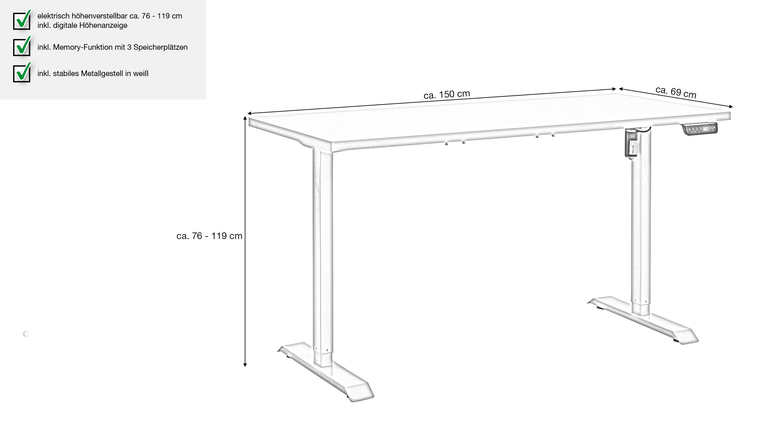 Computerschreibtisch höhenverstellbar weiß hochglanz 150 cm - ENERGIA