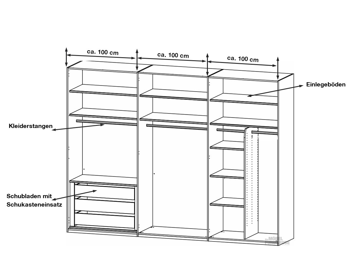 Kleiderschrank weiß 301 cm mit Innenspiegel - MONTCLAR
