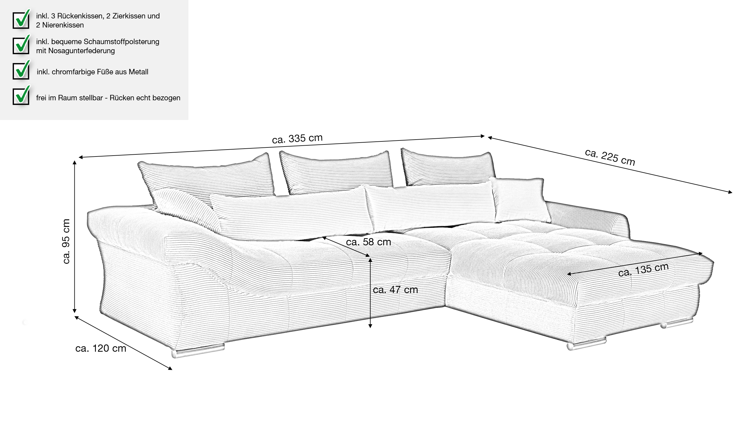 Ecksofa Cord anthrazit 335 x 225 cm - VERONA