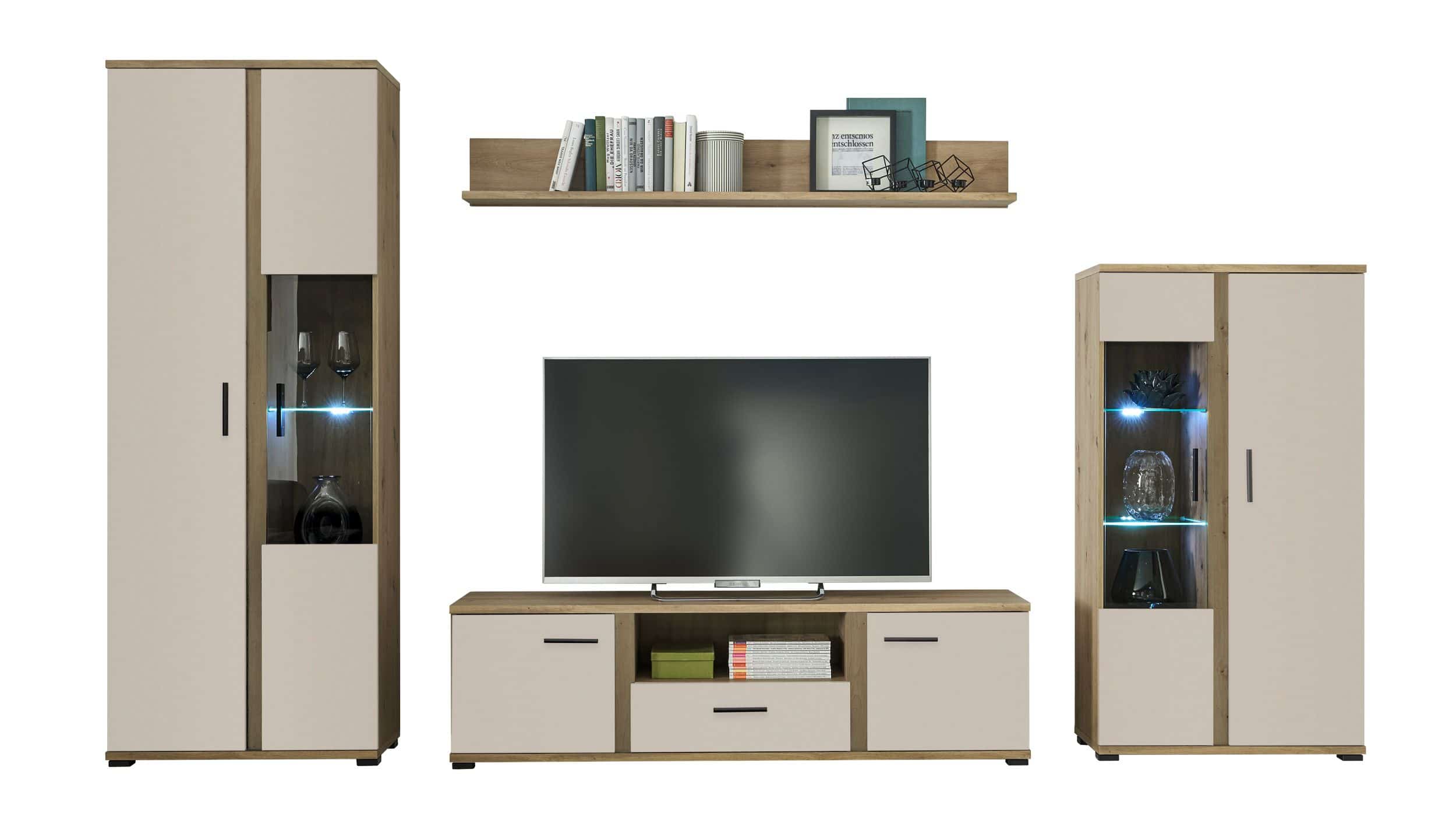 Wohnwand beige - Artisan Eiche 340 cm LED-Beleuchtung - KANADA Wohnwand beige - Artisan Eiche 340 cm LED-Beleuchtung - KANADA