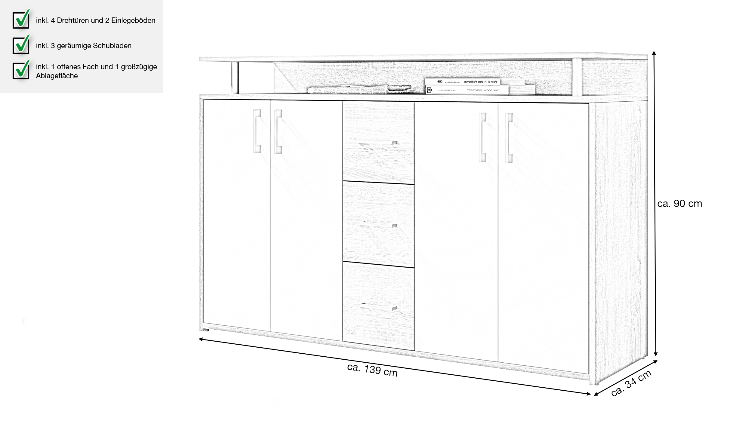 Highboard Sonoma Eiche - weiß - 4-türig - 139 cm - DRIFT