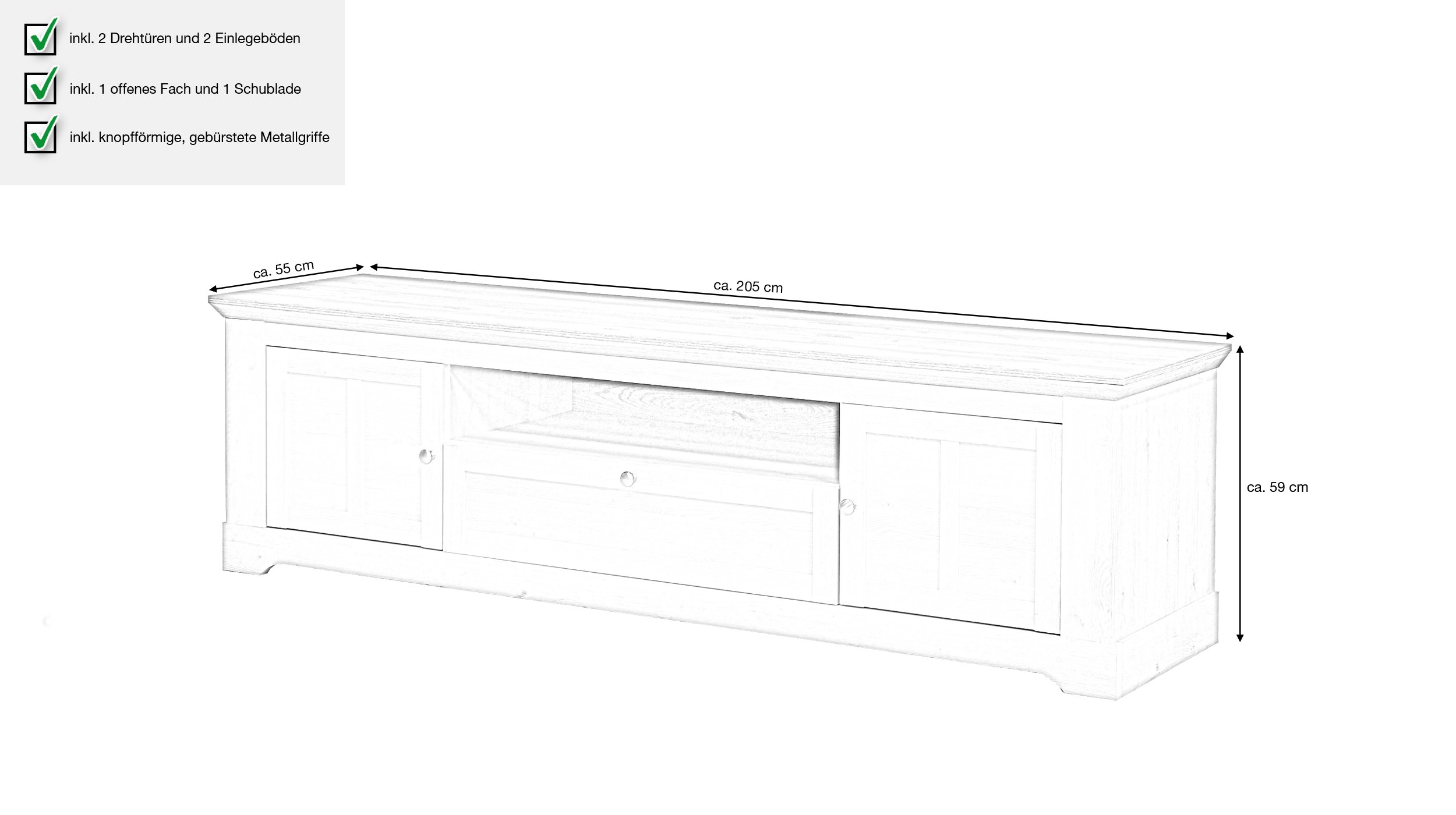 TV - Lowboard Schneeeiche 205 cm - Landhausstil - ILOPPA