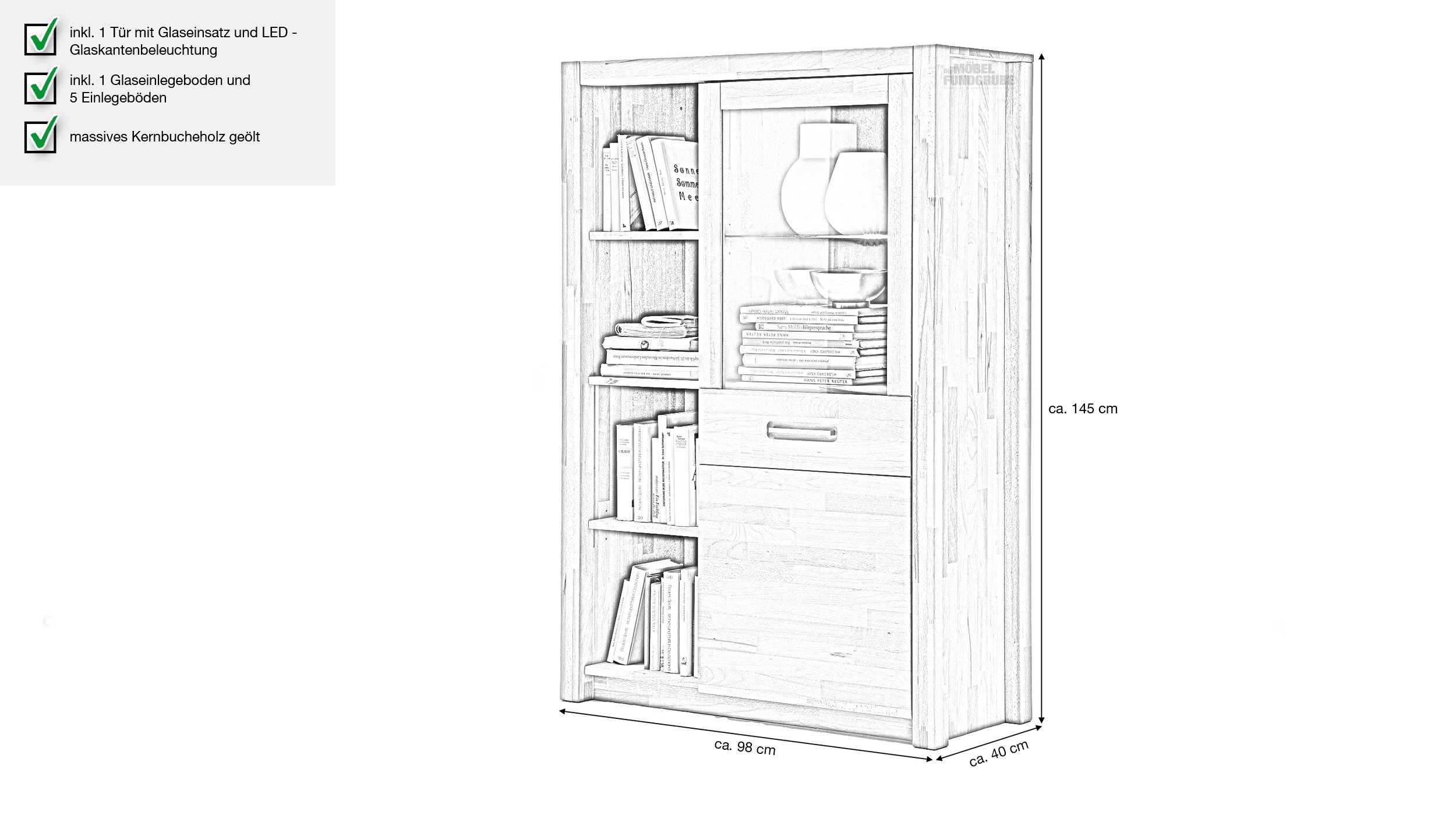Highboard mit 1 Glastür Kernbuche massiv 98 cm - FENJA
