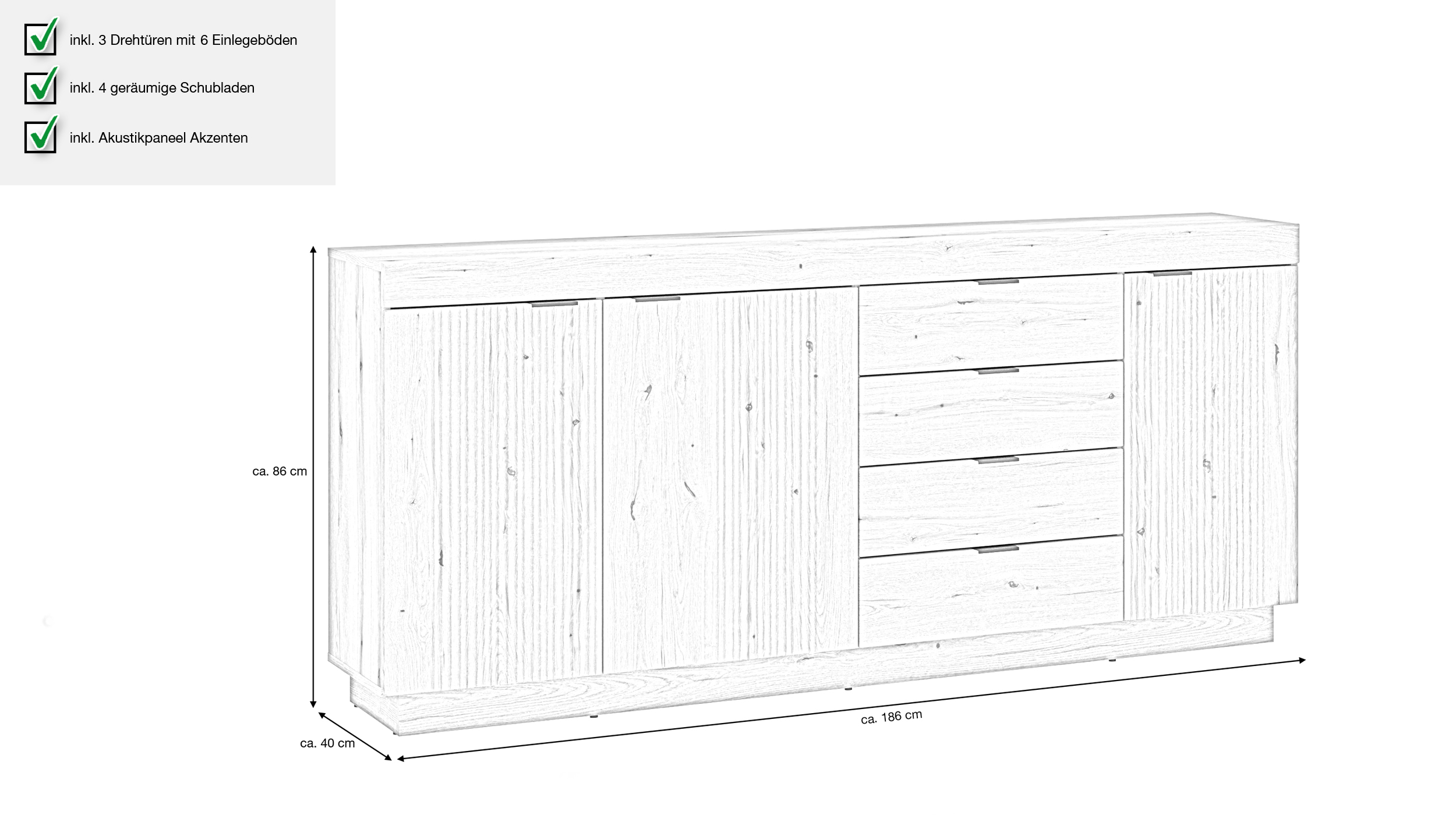 Sidebord 4 Schubladen Coast Evoke Eiche 186 cm - DELAMAR