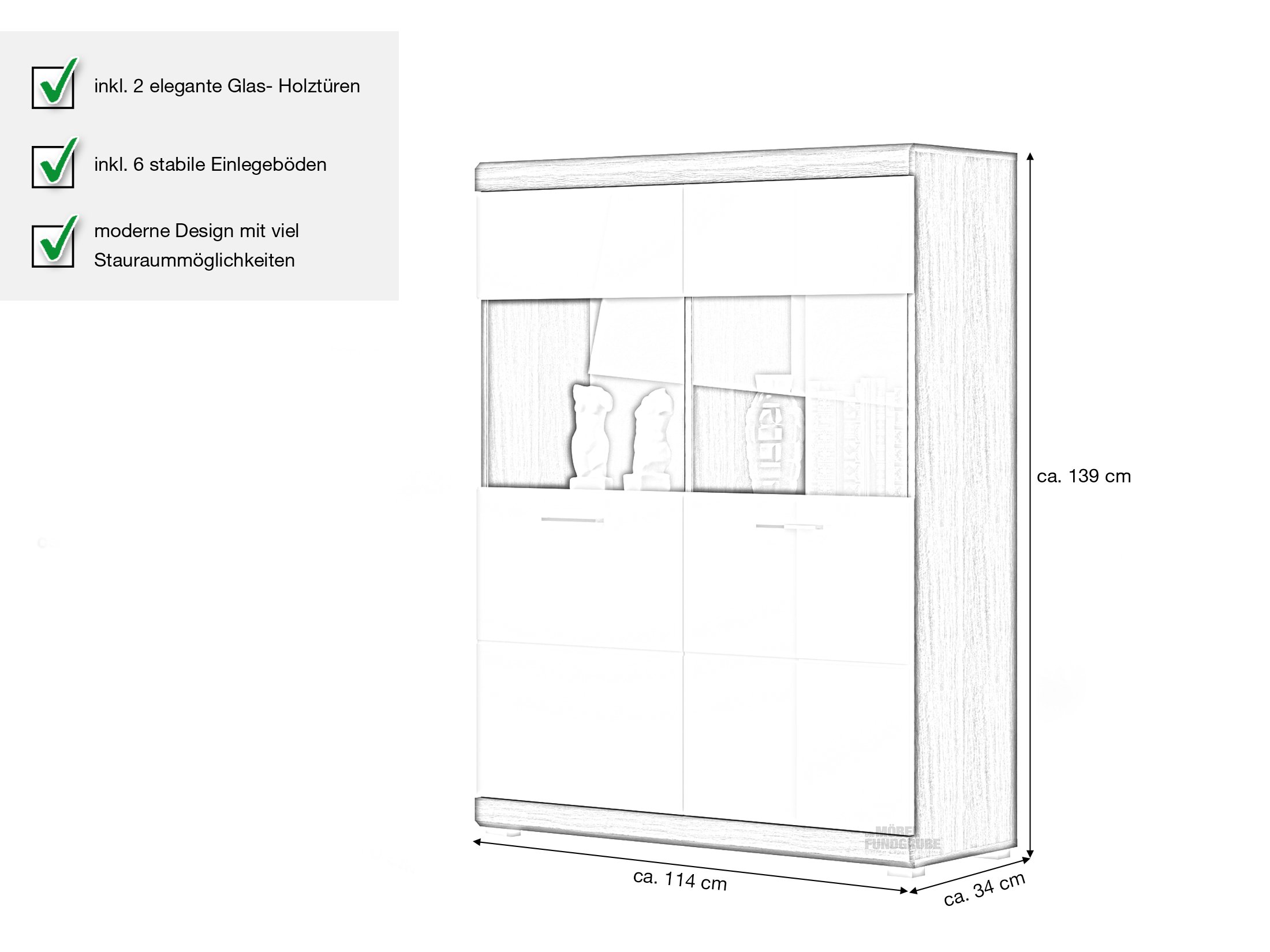 Highboard weiß Hochglanz - Rauchsilber 114 cm - SCOUT