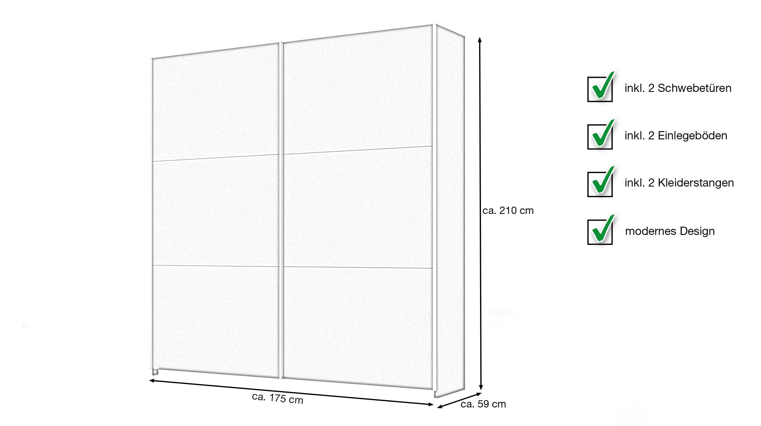 Schwebetürenschrank grau 175 cm 2-türig - AURELIA