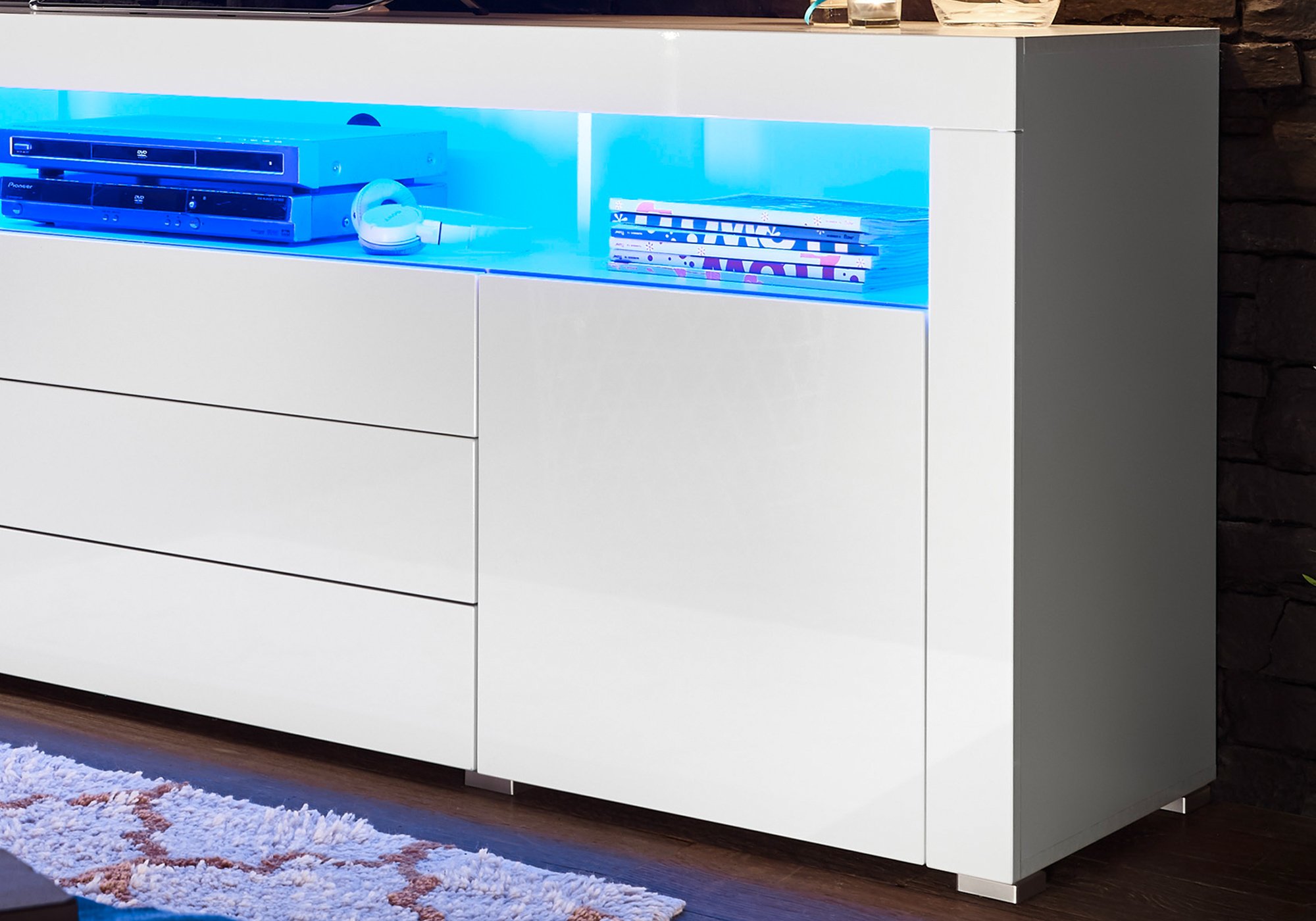 TV - Lowboard weiß hochglanz 200 cm mit Beleuchtung - GOAL