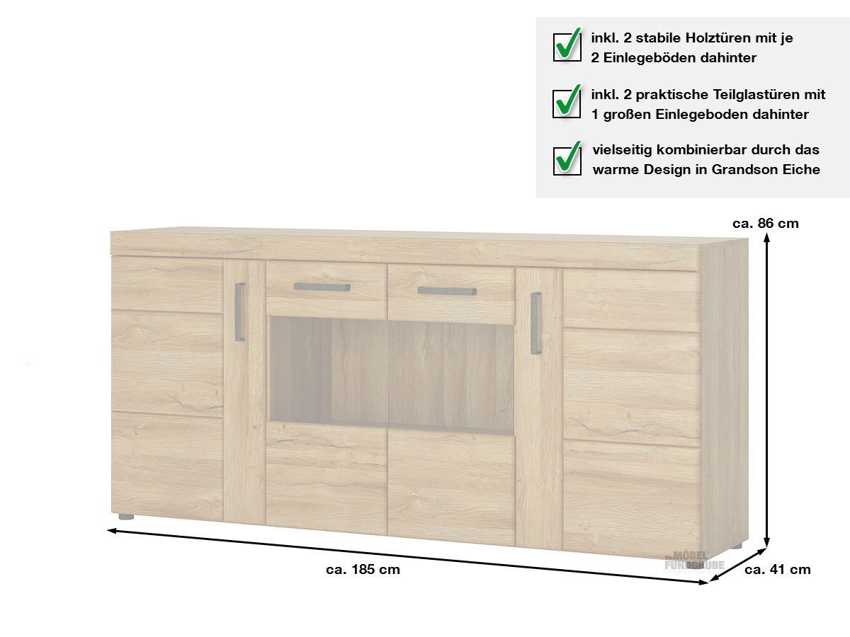 Sideboard Grandson Eiche 185 cm 4-türig - CORTINA