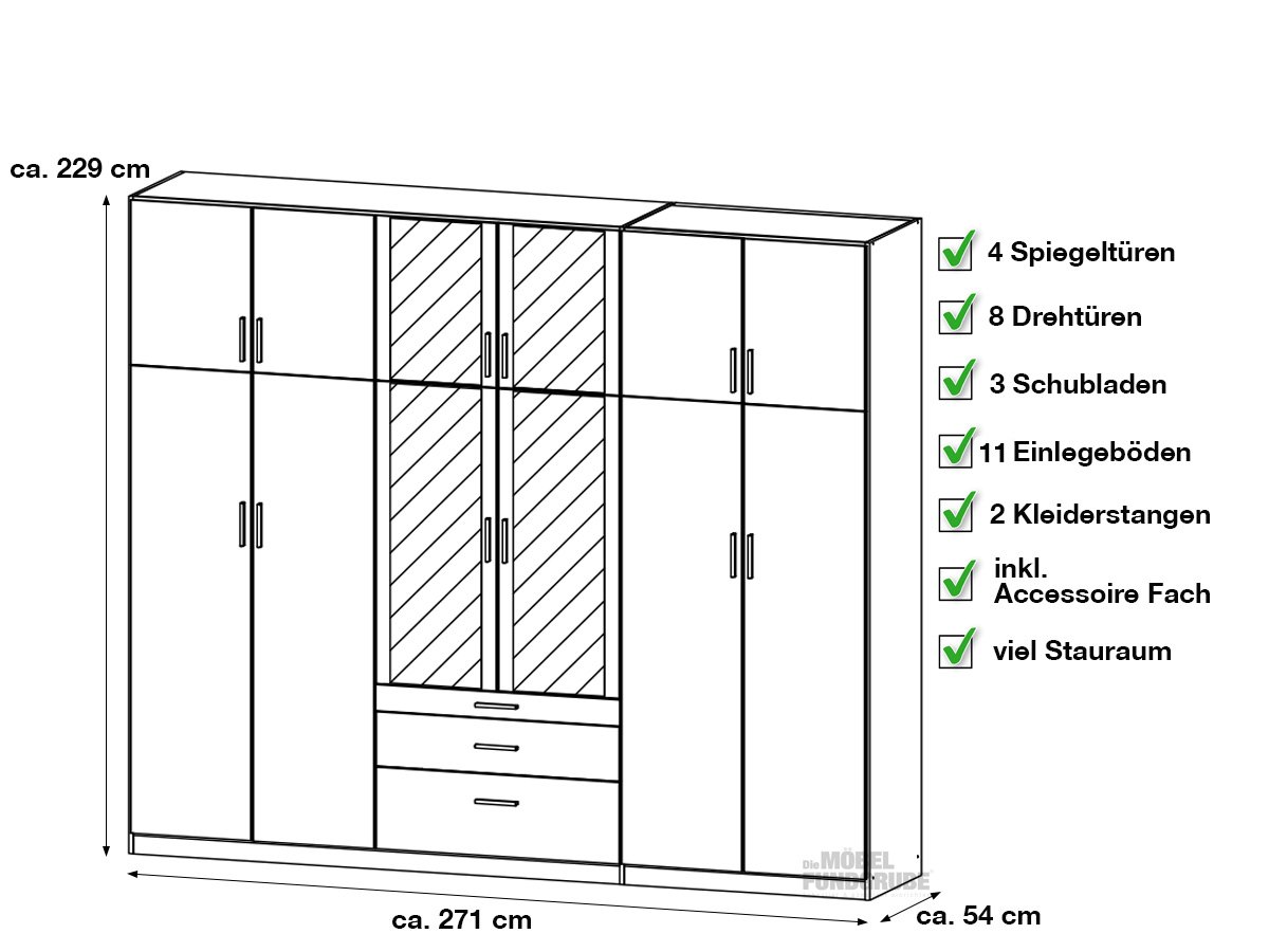 Kleiderschrank mit Spiegel 271 cm weiß - HILDESHEIM