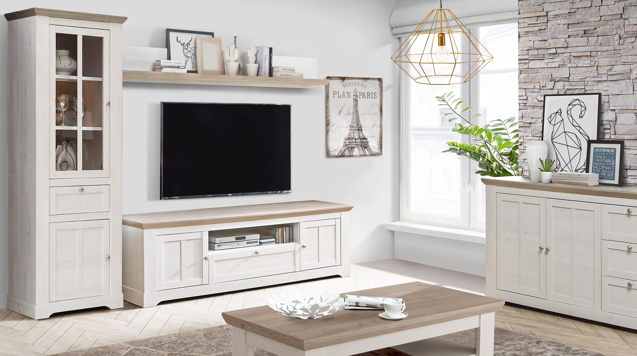 TV - Lowboard Schneeeiche 205 cm - Landhausstil - ILOPPA