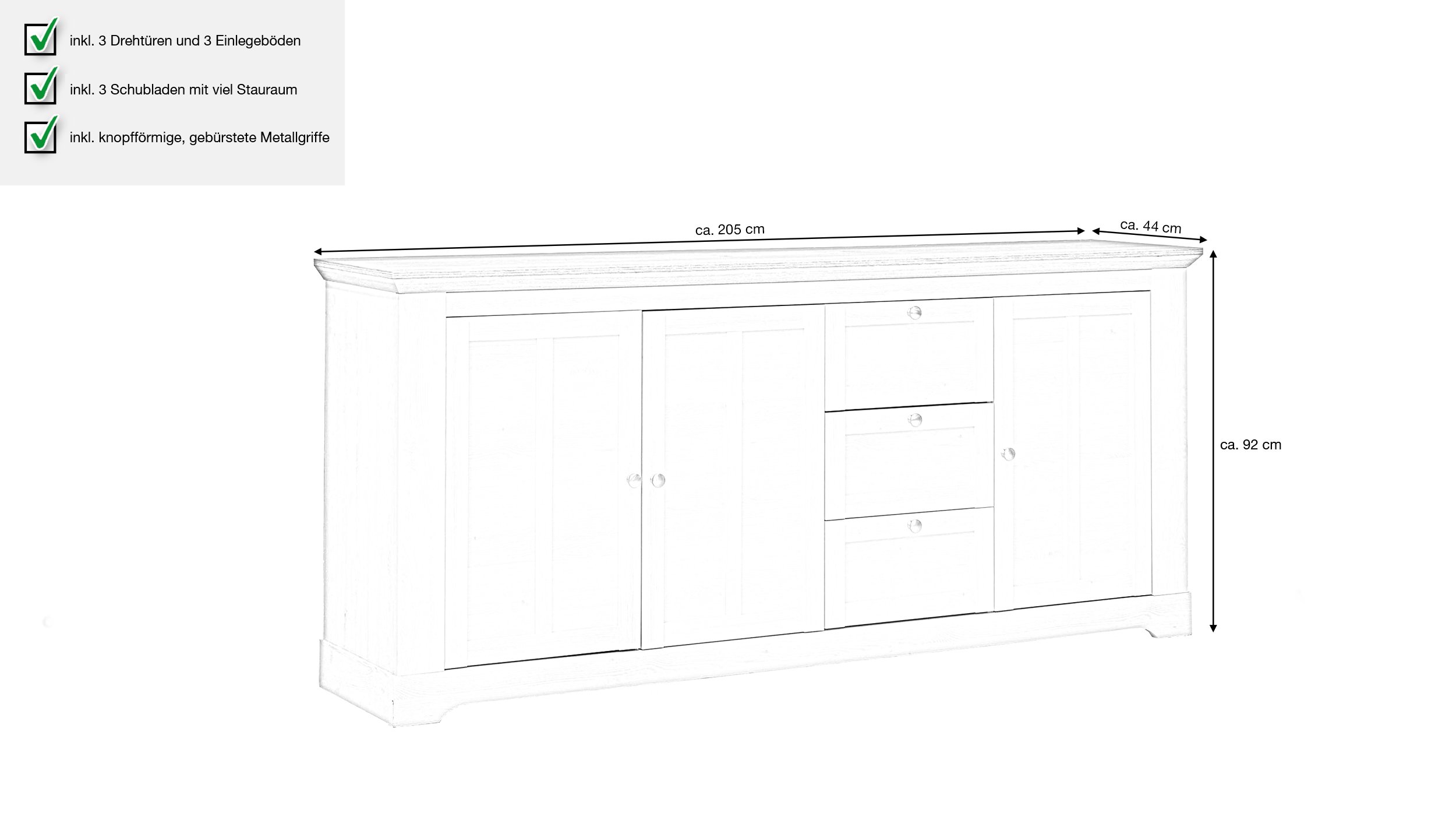 Sideboard Schneeeiche 205 cm 3-türig - ILOPPA