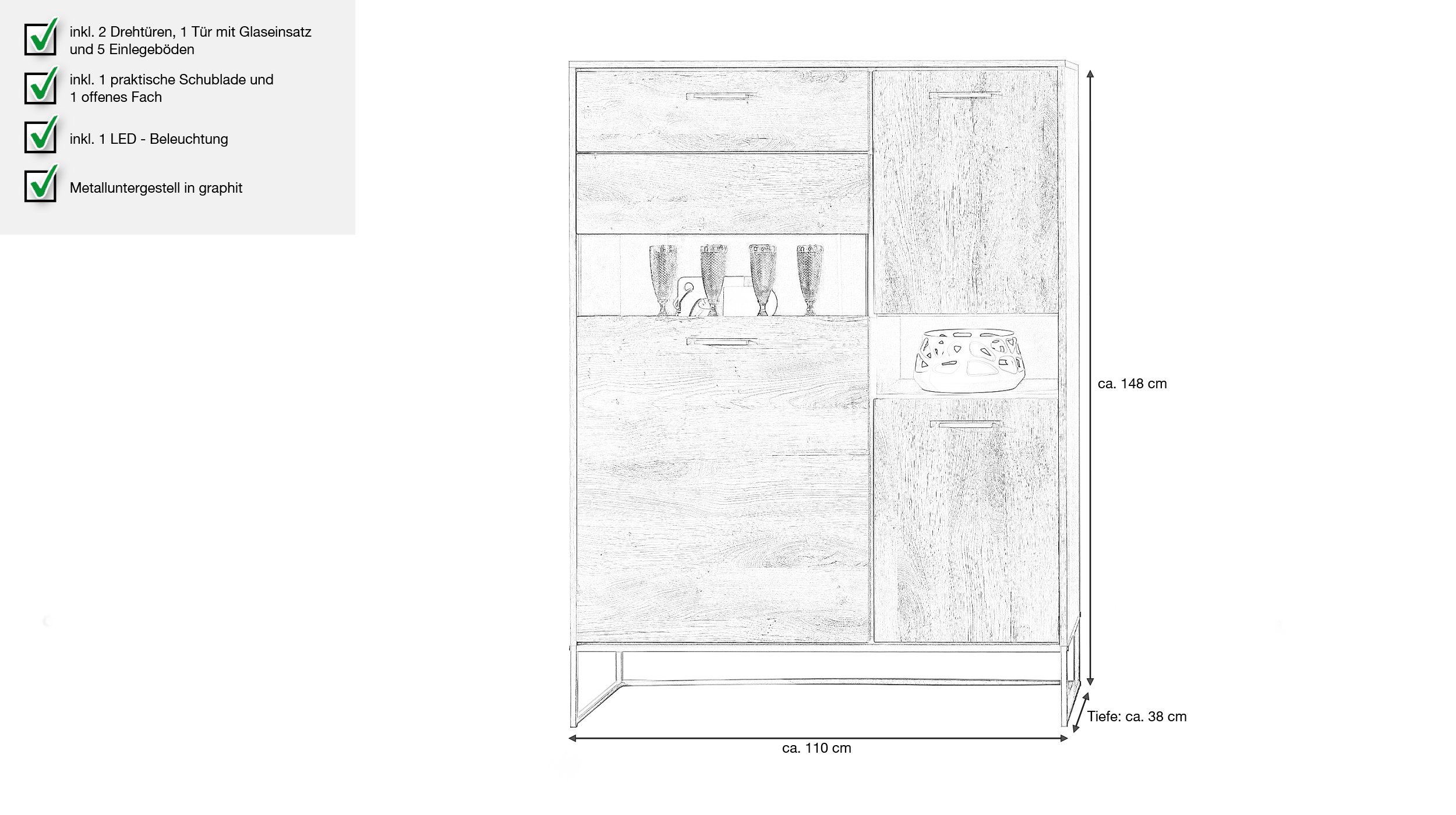 Vitrine Haveleiche 148 cm mit Beleuchtung - BROOK