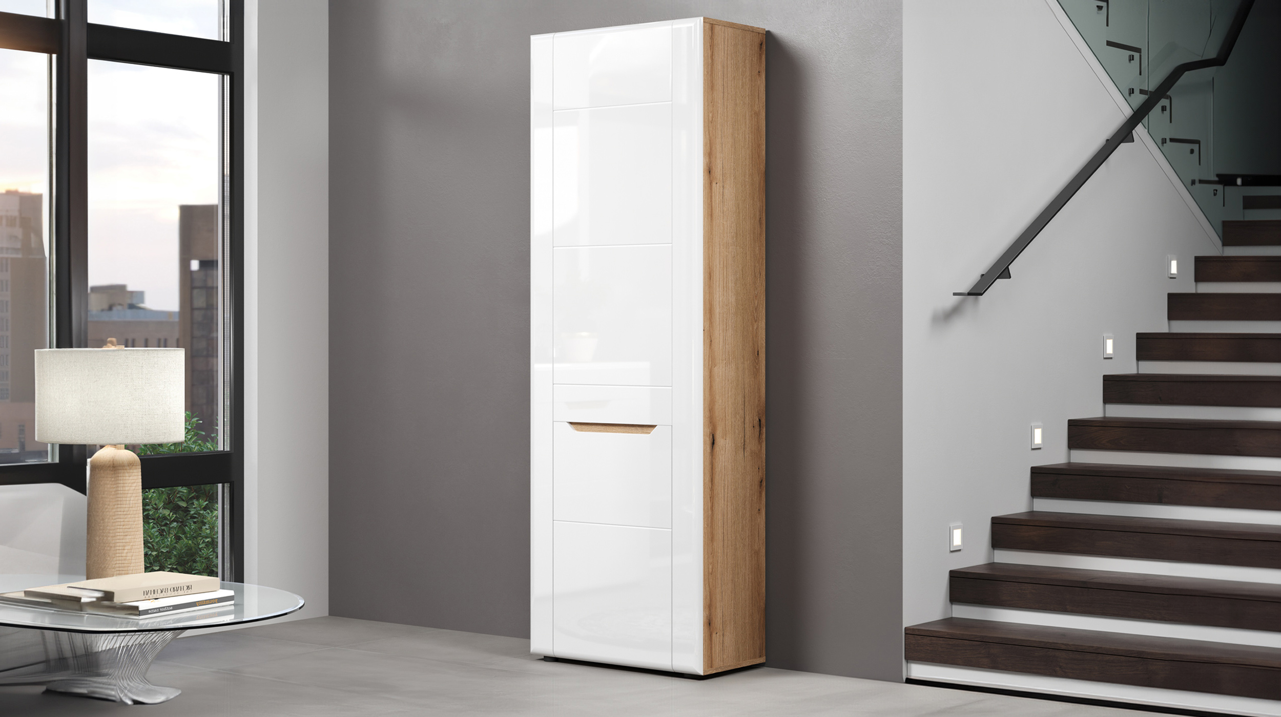 Garderobenschrank weiß hochglanz - Eiche 203 cm - JARON 