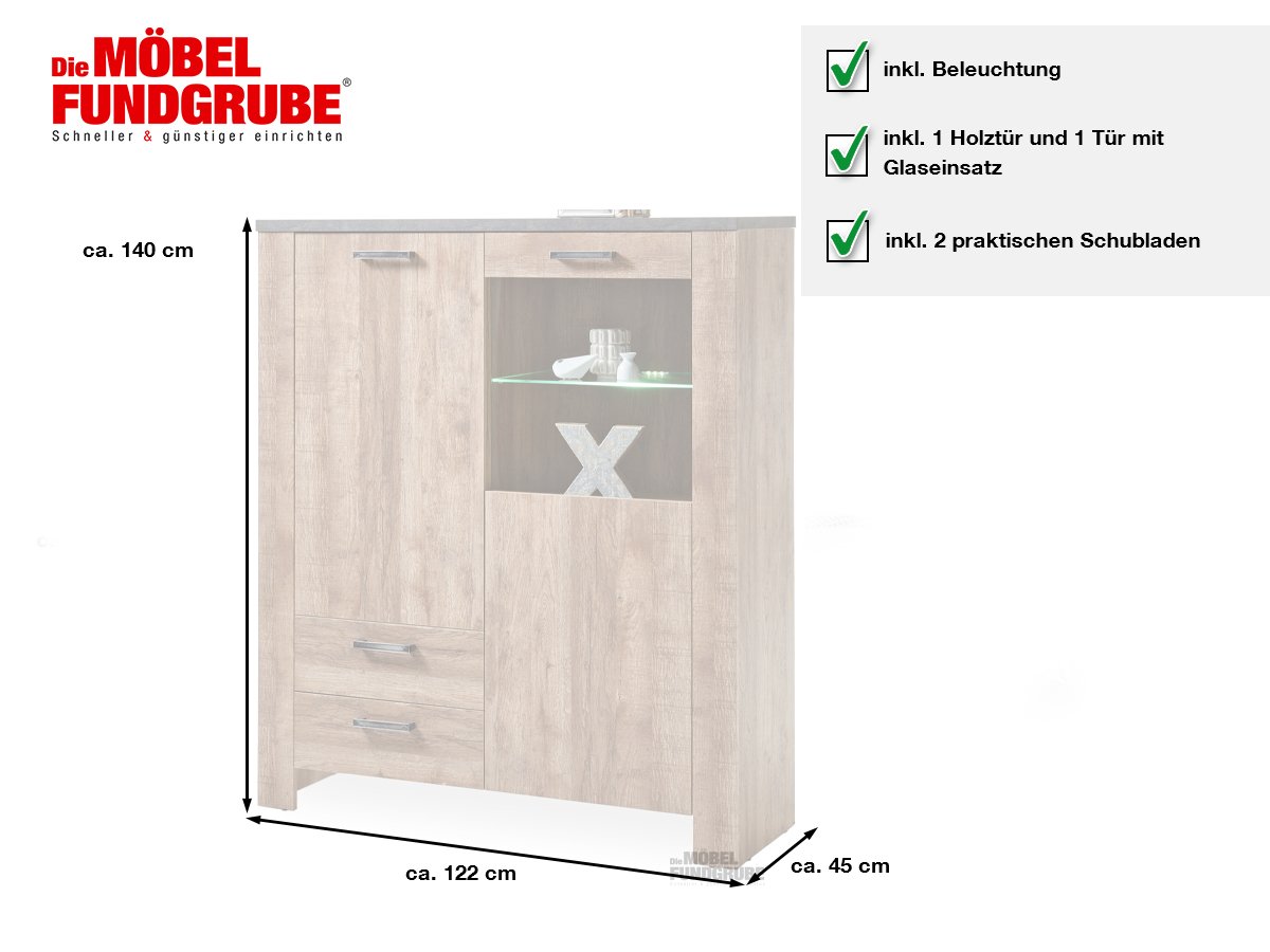 Highboard mit Beleuchtung Samdal - anthrazit 122 cm - EDMONTON