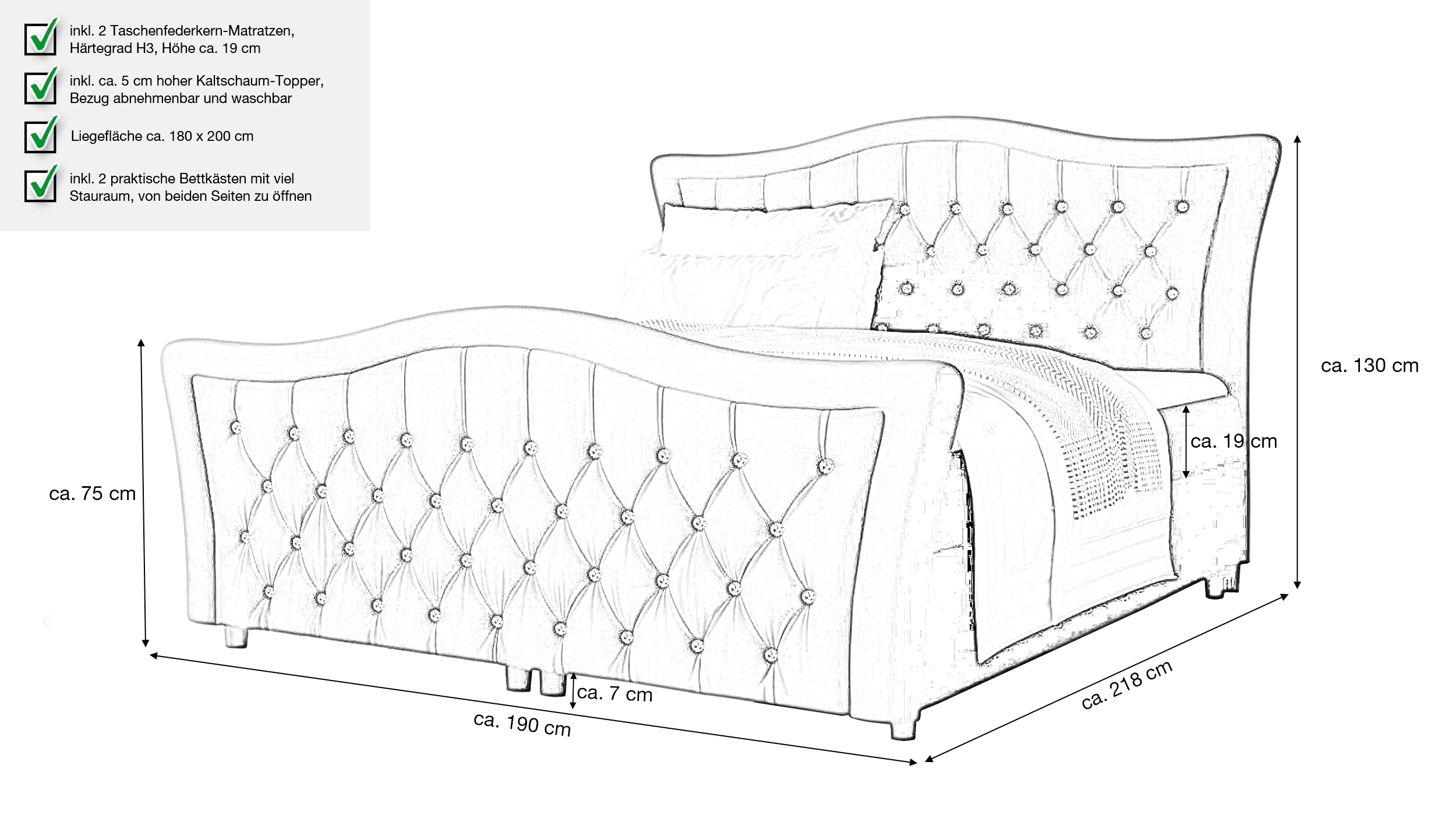 Boxbett 180 x 200 cm mit Bettkasten schwarz Samt - DIAMANT