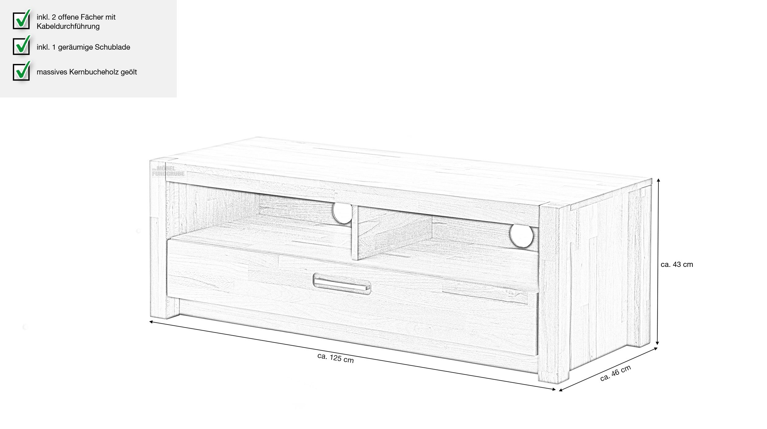 TV - Lowboard Kernbuche massiv 125 cm - FENJA 
