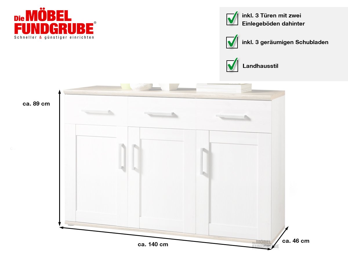 Sideboard 3 türig San Remo Eiche - Sibiu Lärche 140 cm - ROMANCE