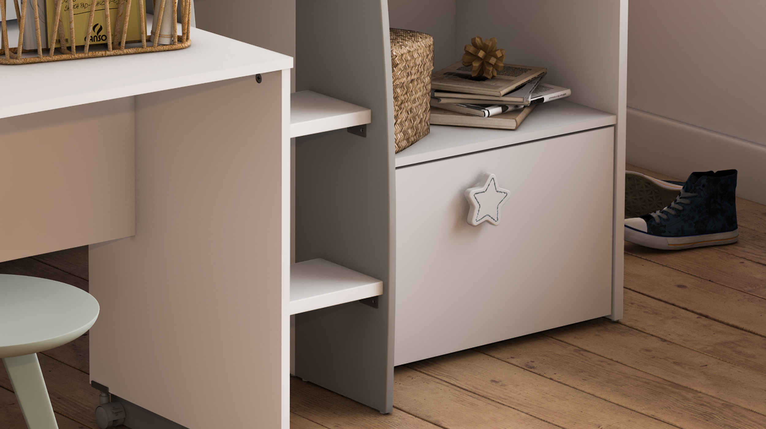 Hochbett 90 x 200 cm weiß - mit Schreibtisch - ETOILES