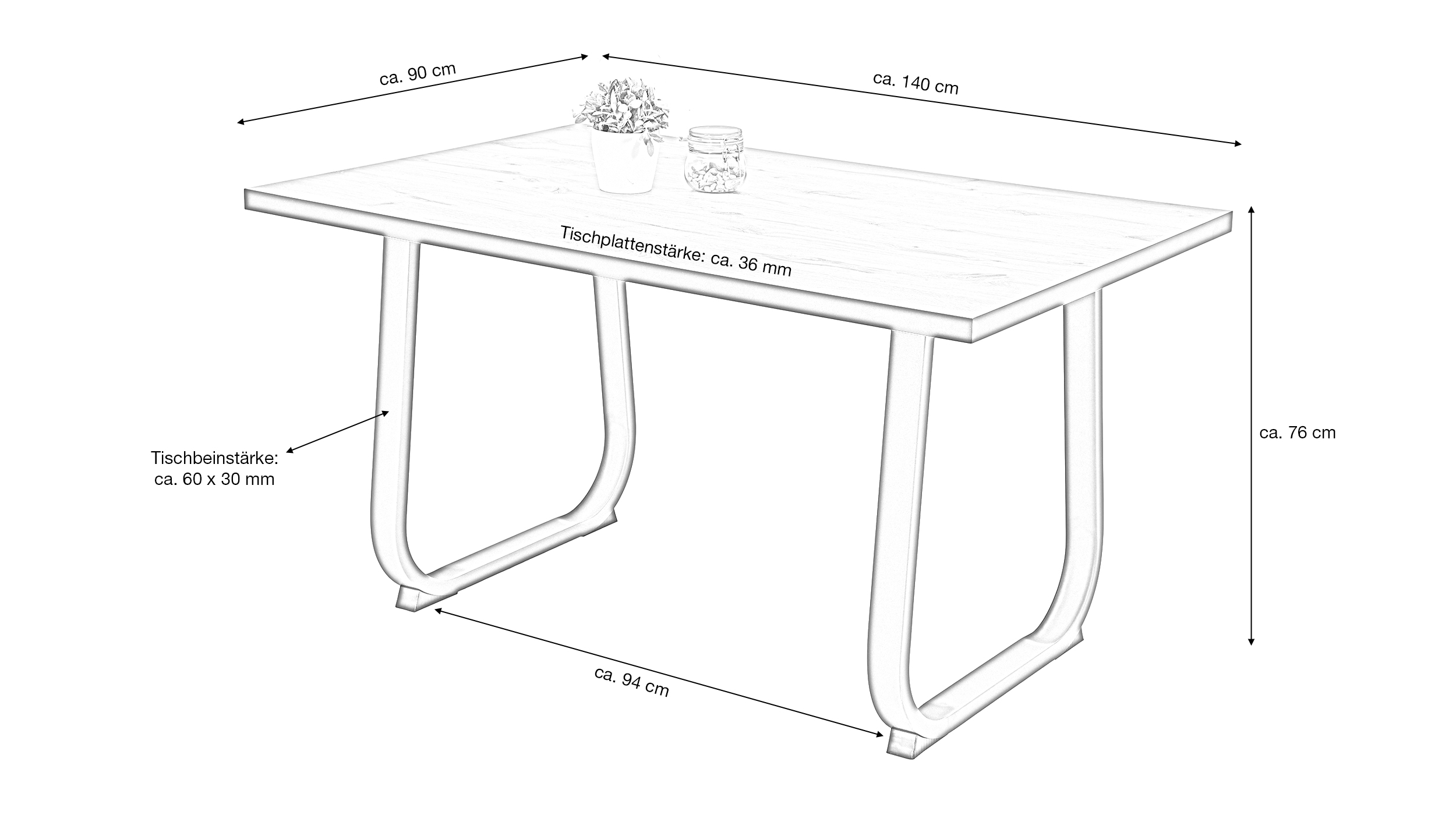 Esstisch Viking Oak 140 x 90 cm Metallkufen U-förmig - LUISE