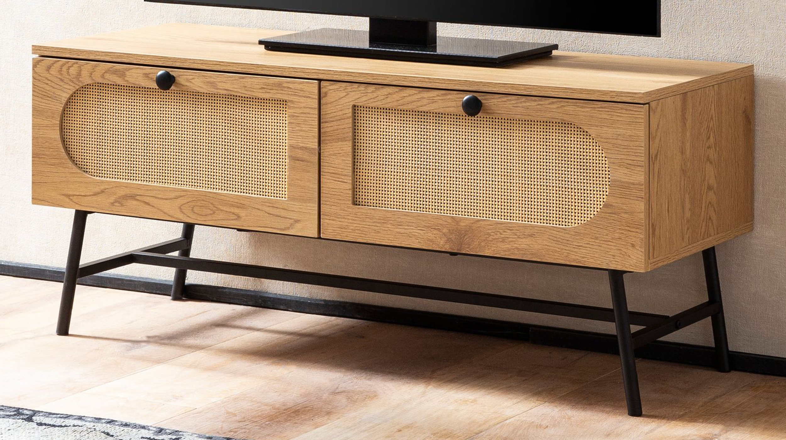 TV - Lowboard Eiche Holzdekor - Rattan 100 cm - RATVAN
