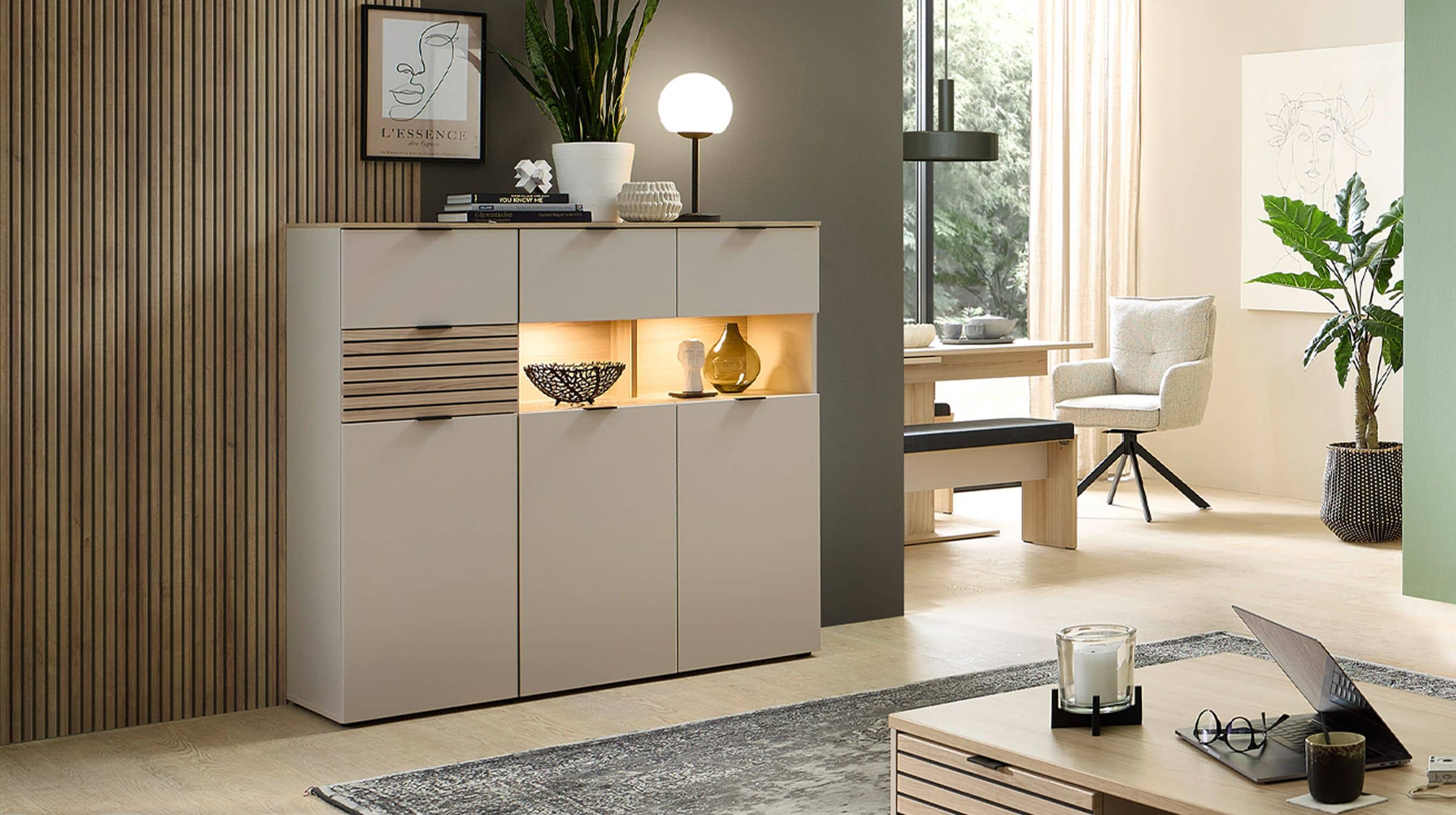 Highboard mit Beleuchtung beige - Riva Eiche 125 cm - INA