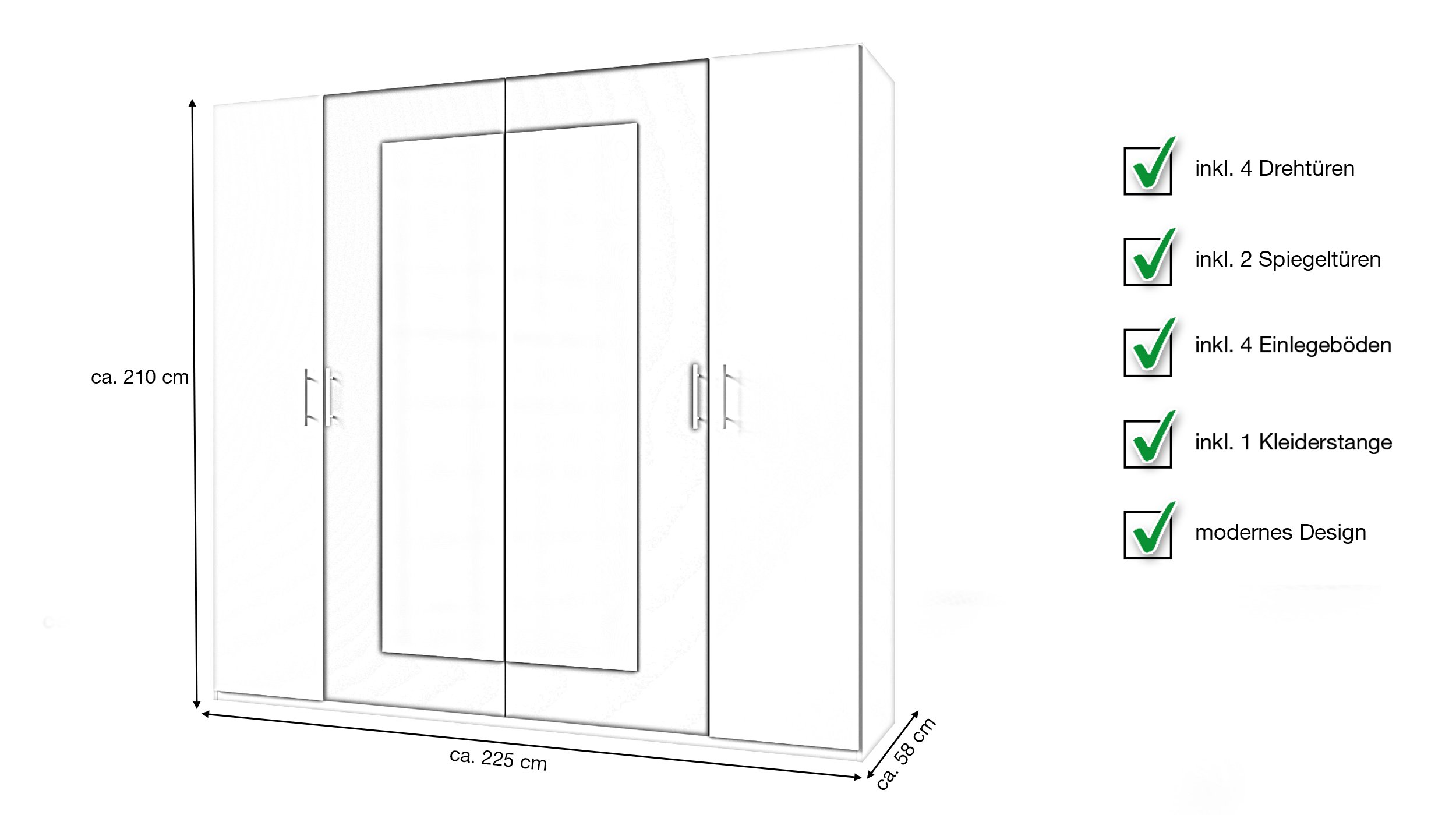 Kleiderschrank 225 cm weiß graphit mit Spiegel - NORA
