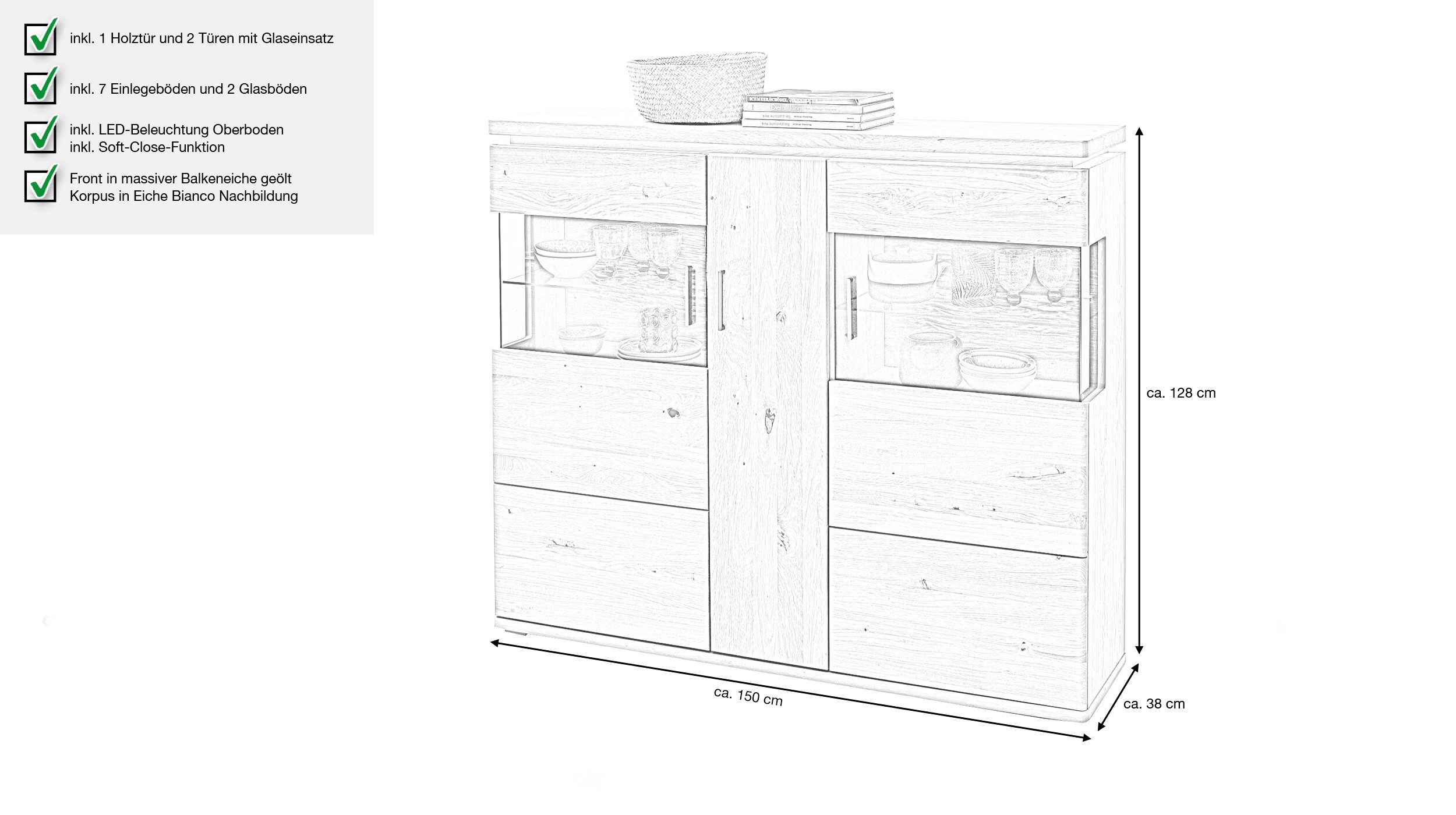Highboard Balkeneiche geölt teilmassiv 128 cm - BARCELONA
