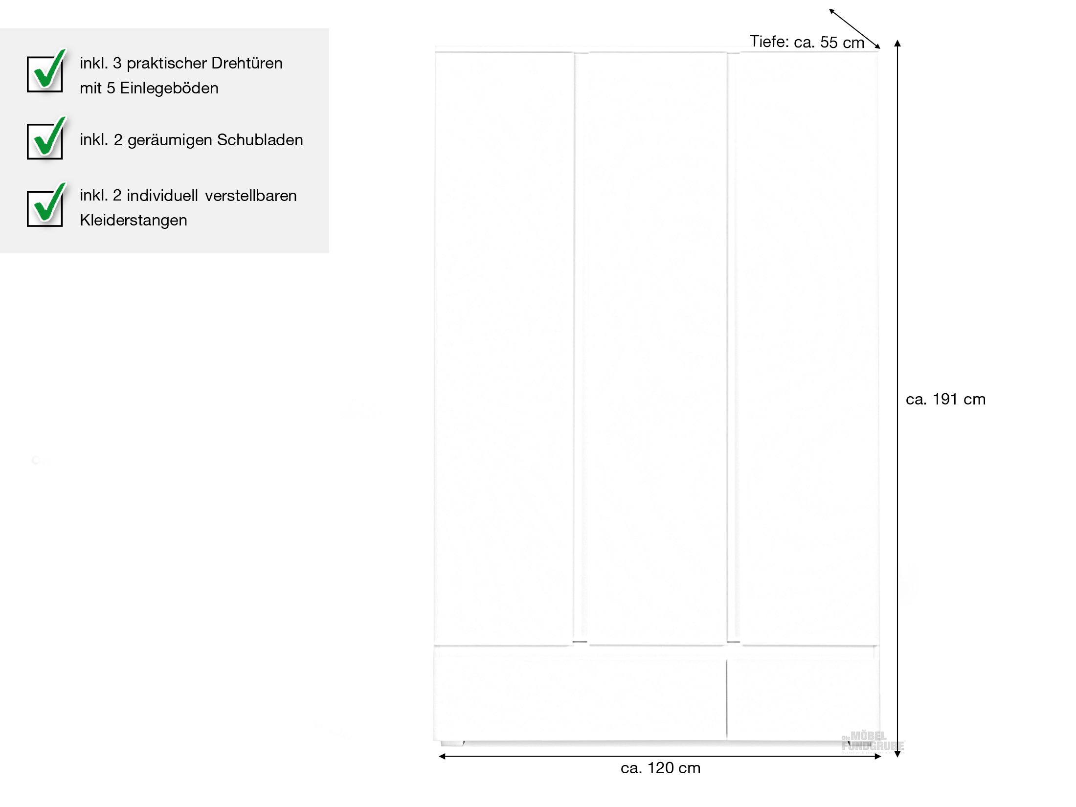 Kleiderschrank weiß 120 cm 3-türig - IMAGE