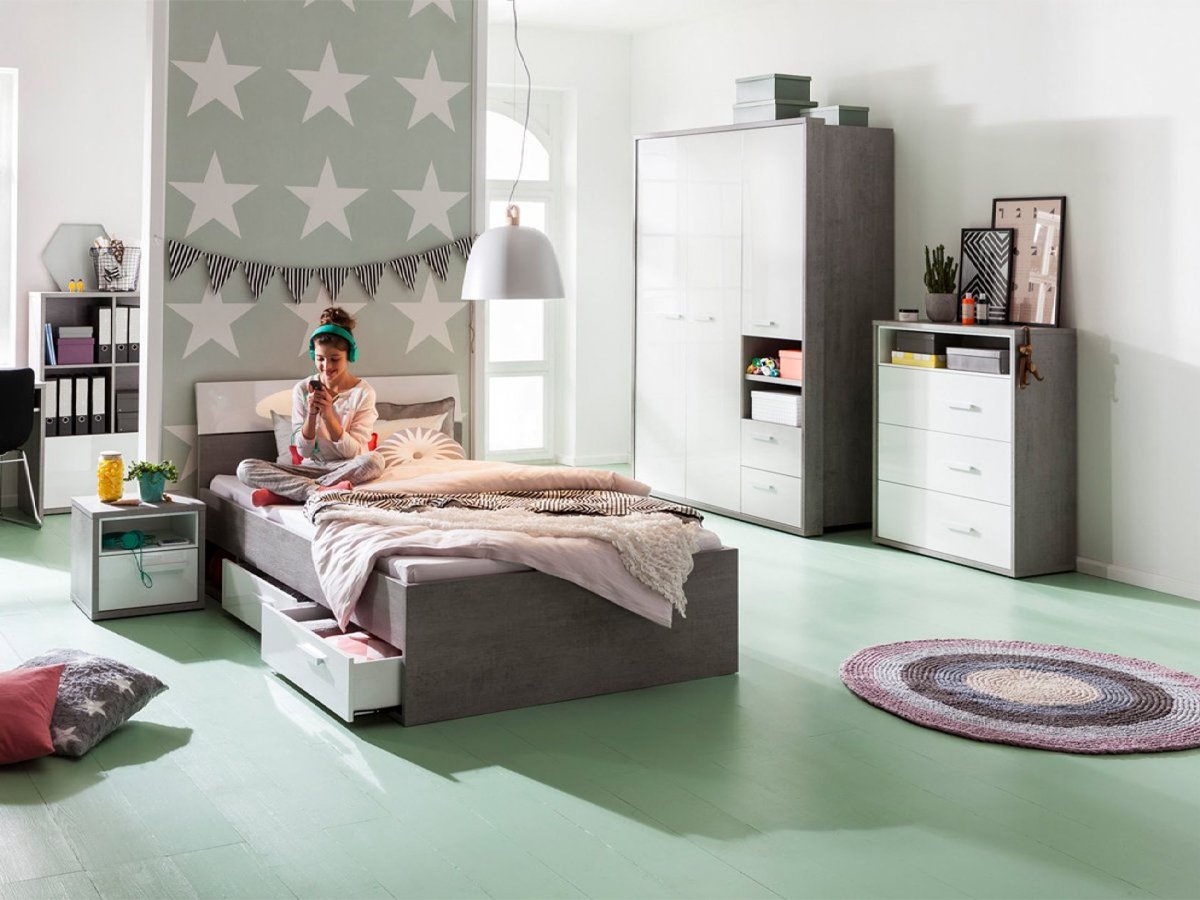 Kommode weiß hochglanz - Betonoptik mit 3 Schubladen 90 cm - MIPIACE