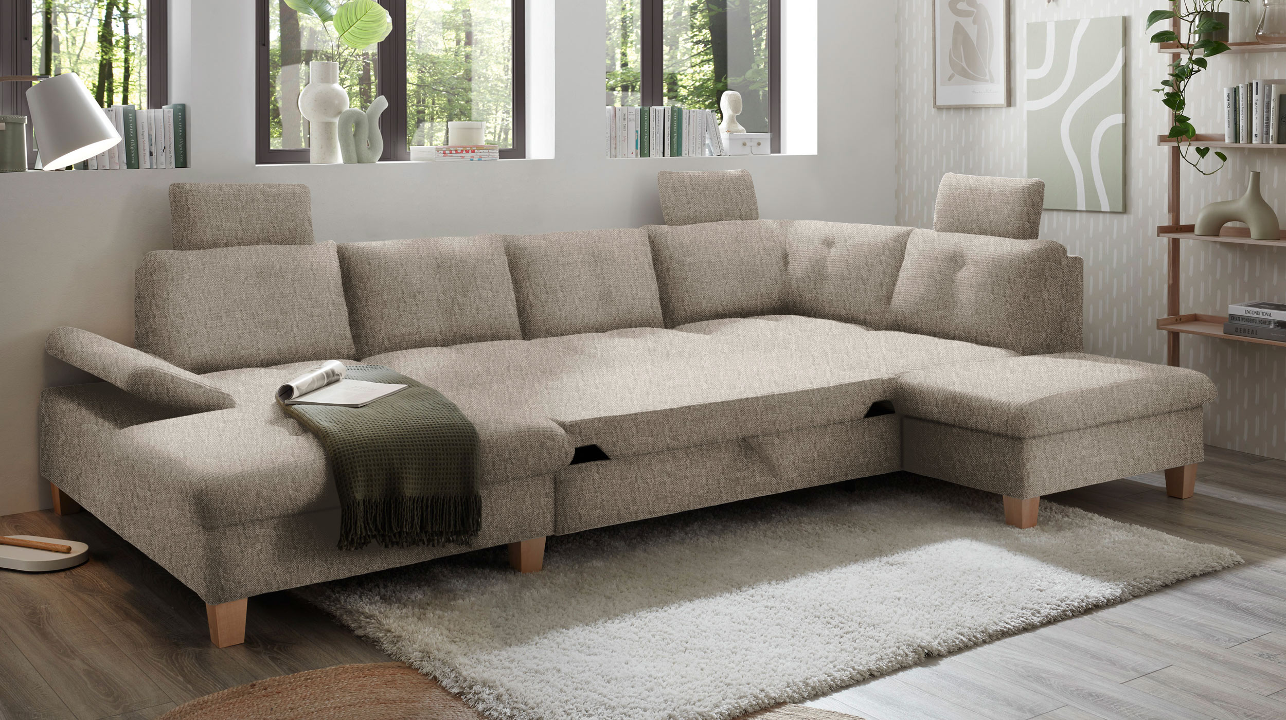 Wohnlandschaft Schlaffunktion grau - 324 cm - Bettkasten - ASCOT