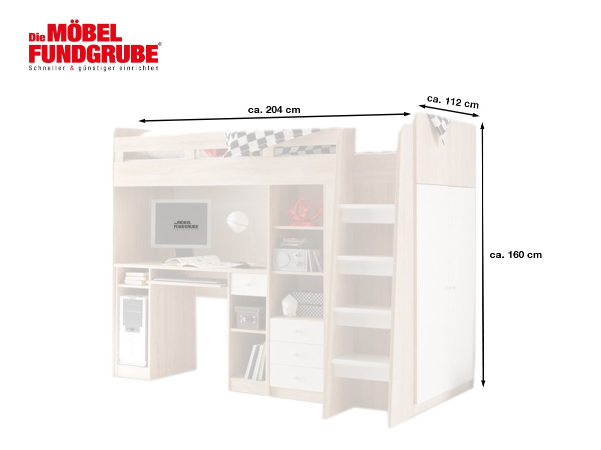 Hochbett mit Schreibtisch 90 x 200 cm Sonoma Eiche - weiß Kinderbett - UNIT