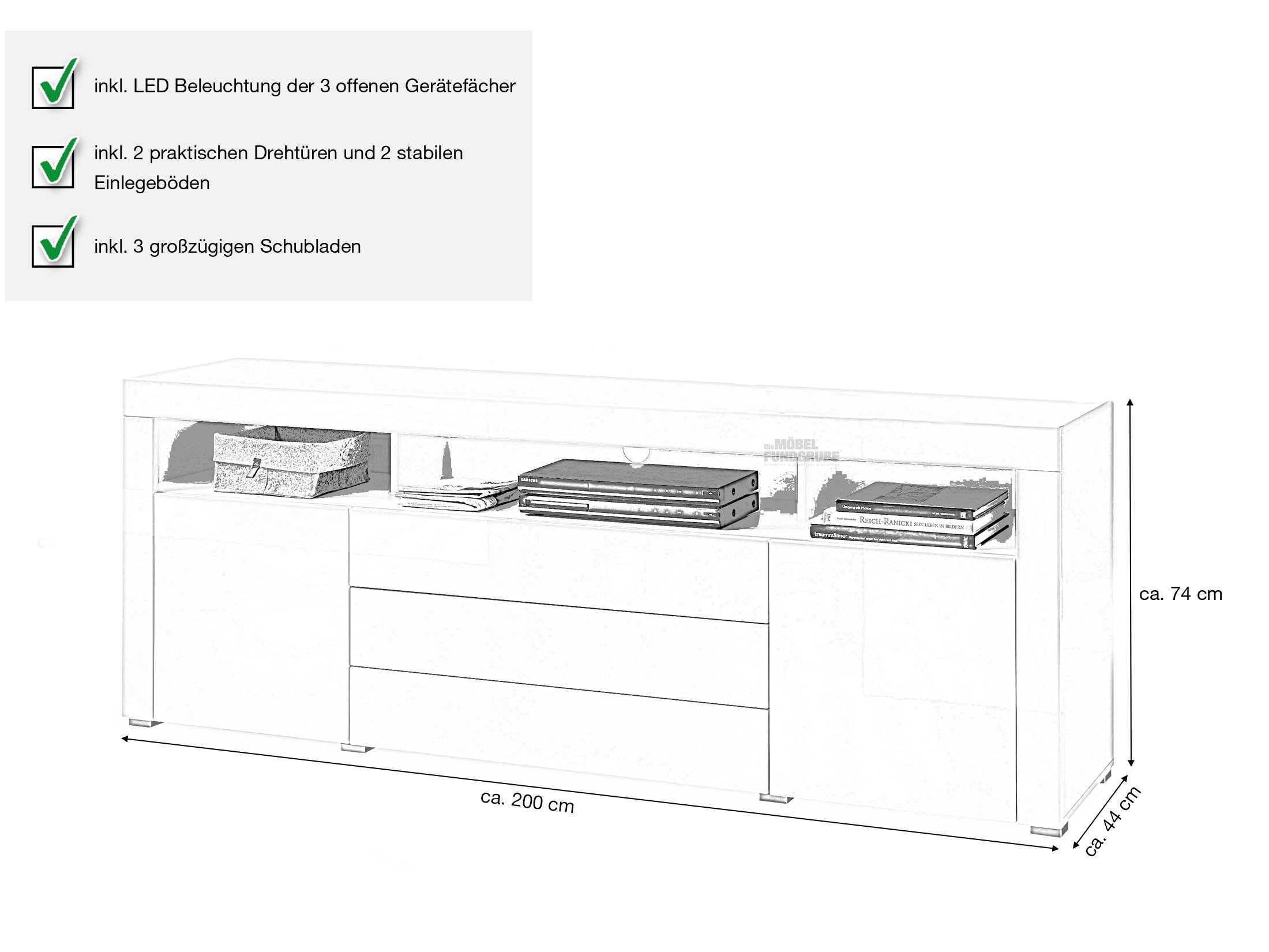 TV - Lowboard weiß hochglanz 200 cm mit Beleuchtung - GOAL