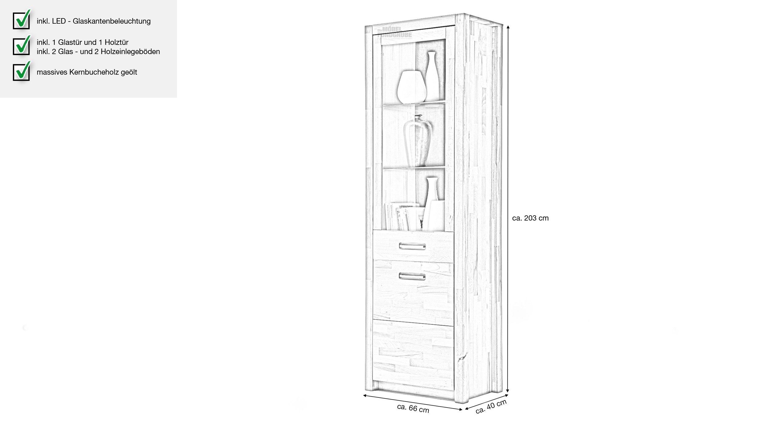 Vitrine mit Beleuchtung Kernbuche massiv 203 cm - FENJA