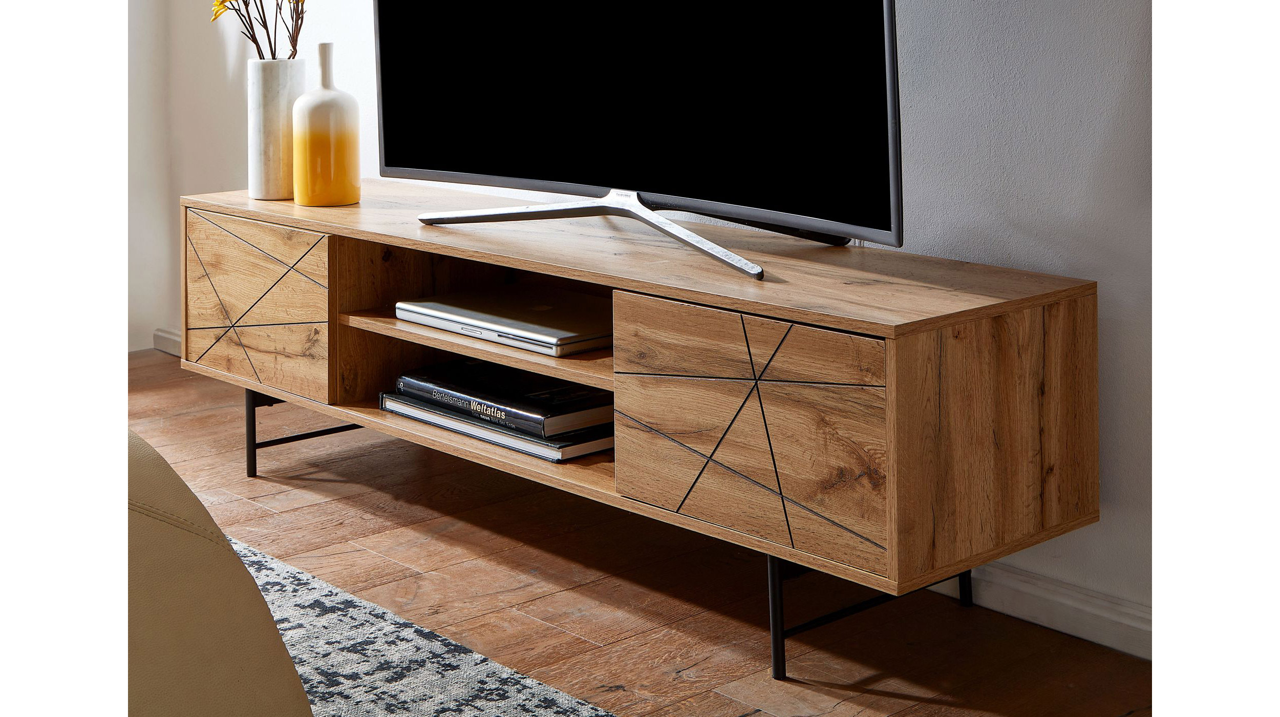 TV - Lowboard Eiche 160 cm - Metallgestell - ELVAR