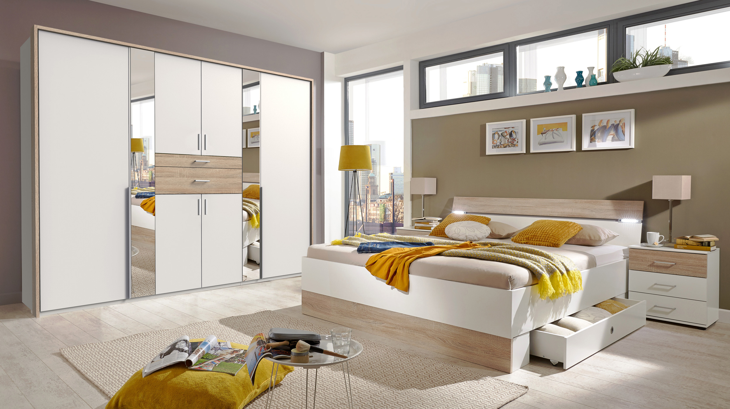 Kleiderschrank - Spiegel 270 cm weiß - Eiche 8-türig - CHEEP