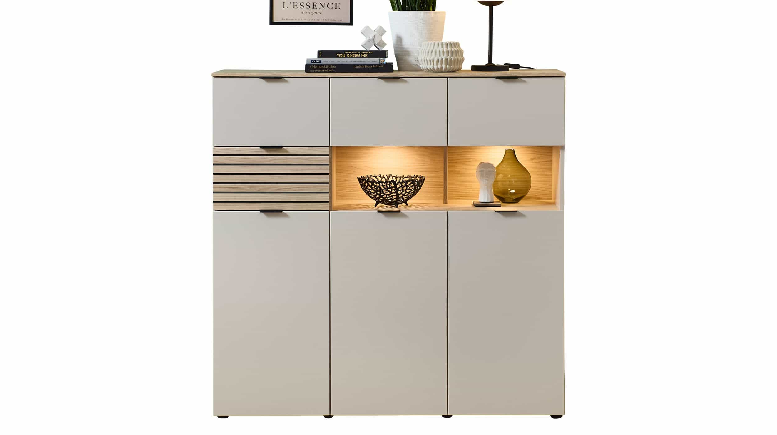 Highboard mit Beleuchtung beige - Riva Eiche 125 cm - INA Highboard mit Beleuchtung beige - Riva Eiche 125 cm - INA