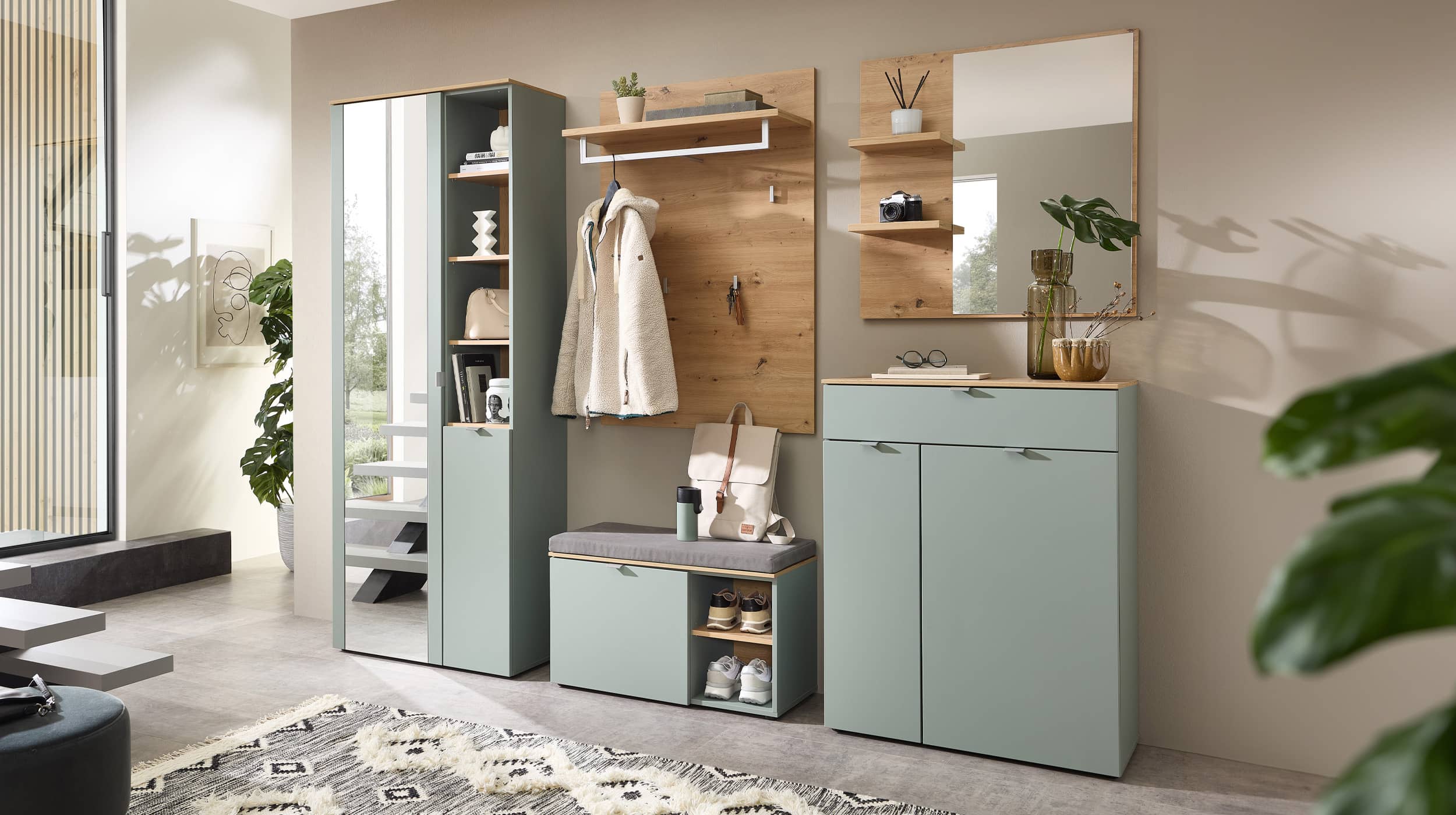 Garderobenschrank grün - Artisan Eiche 202 cm - BARI