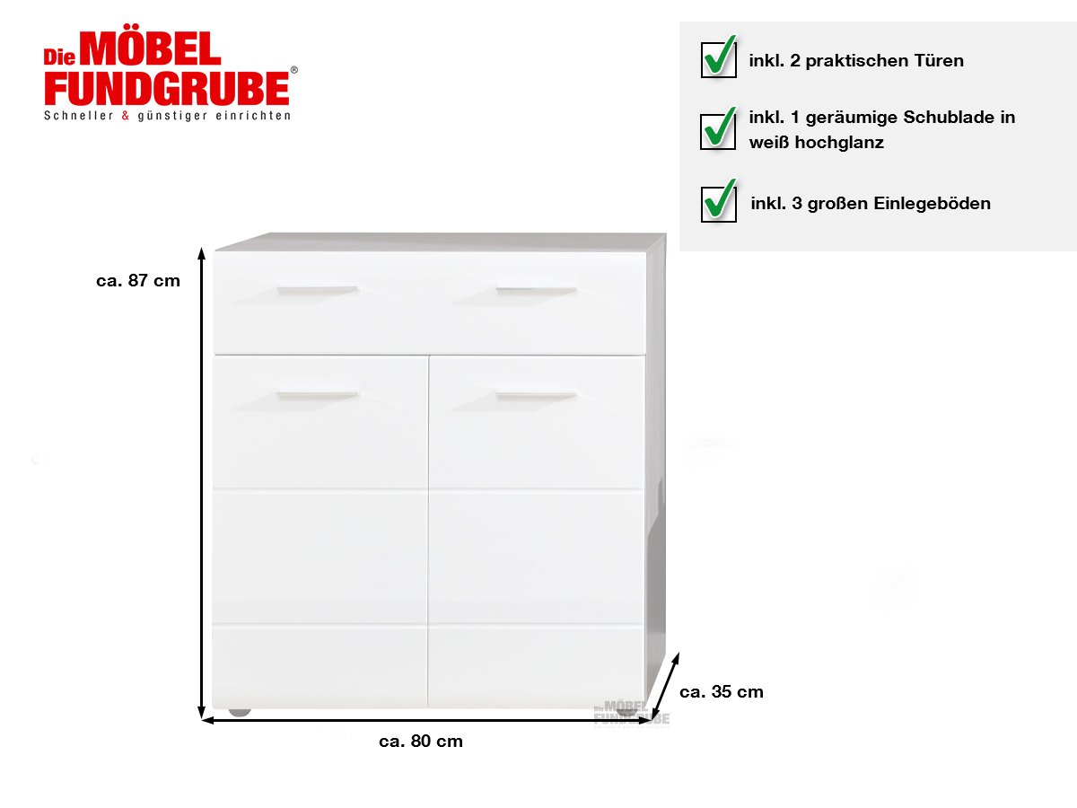 Kommode weiß hochglanz 80 cm - LINE