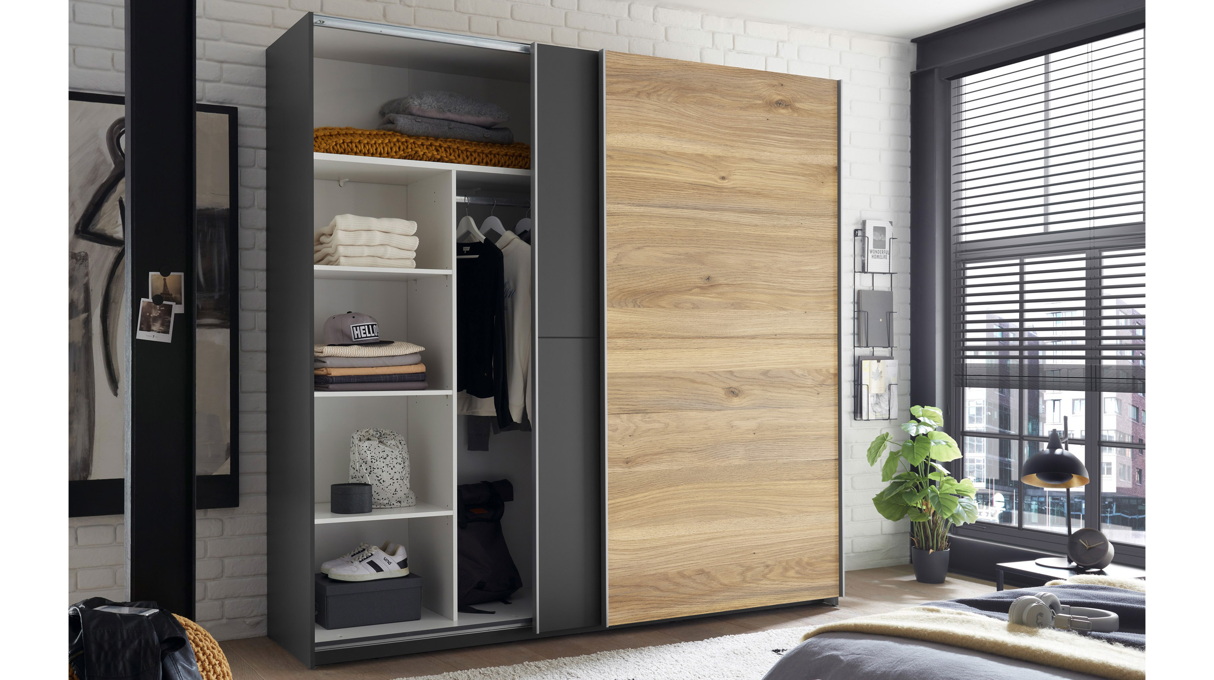 Schwebetürenschrank Eiche graphit - 215 cm - MELTON