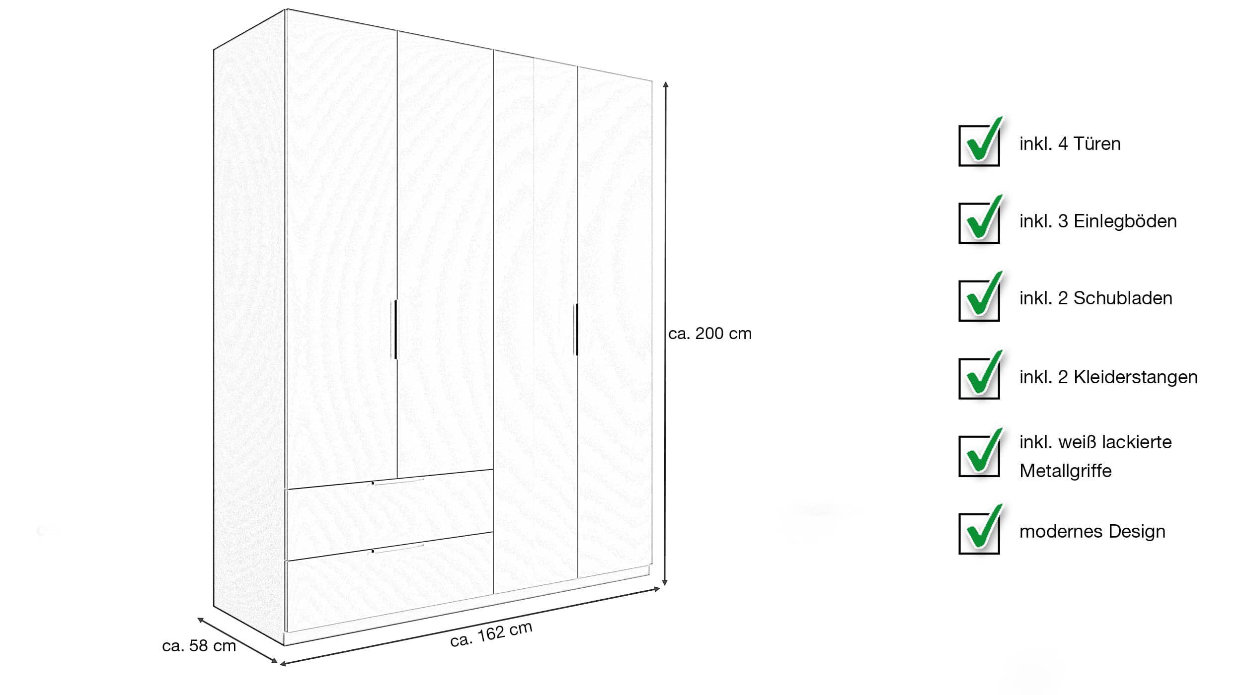 Kleiderschrank mit Schubladen - weiß hochglanz - 162 cm - ESPRESSO