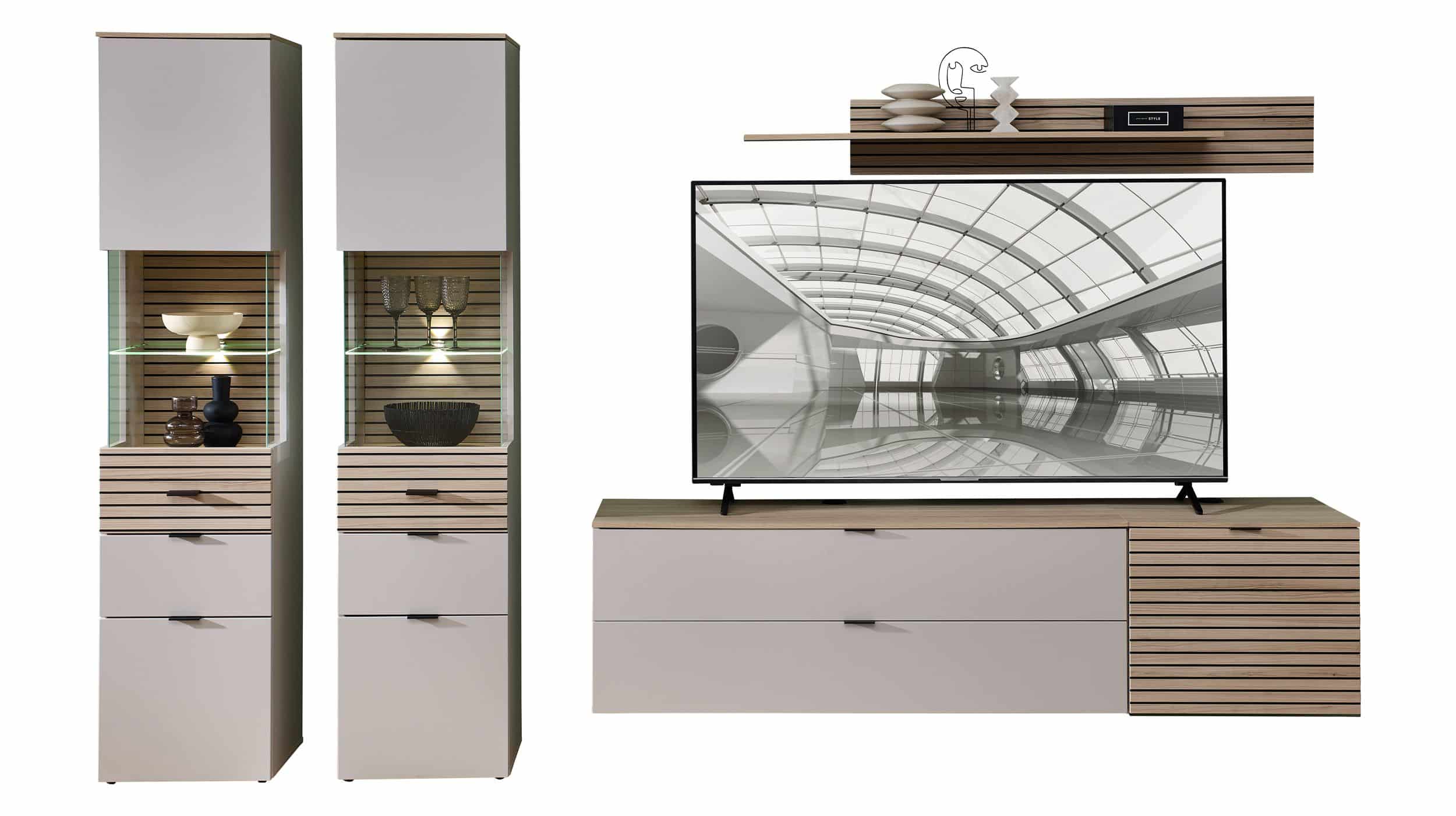 Wohnwand beige - Riva Eiche 320 cm LED-Beleuchtung - INA Wohnwand beige - Riva Eiche 320 cm LED-Beleuchtung - INA