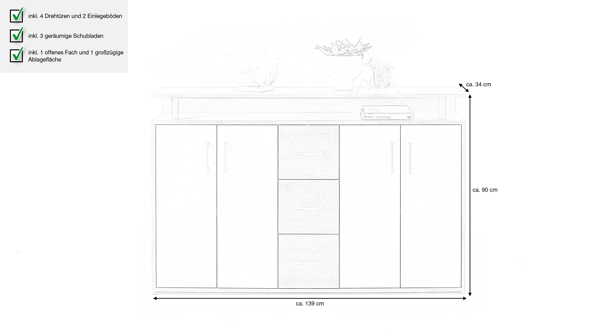 Highboard Betonoptik - weiß - 4-türig - 139 cm - DRIFT