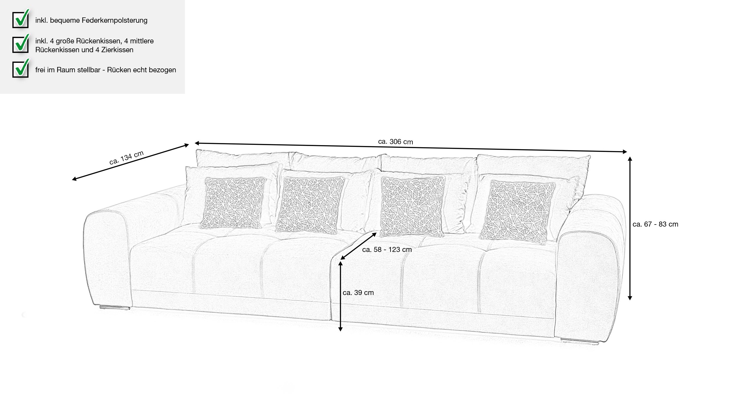 Big Sofa mit Federkern hellgrau 306 cm - MOLDAU